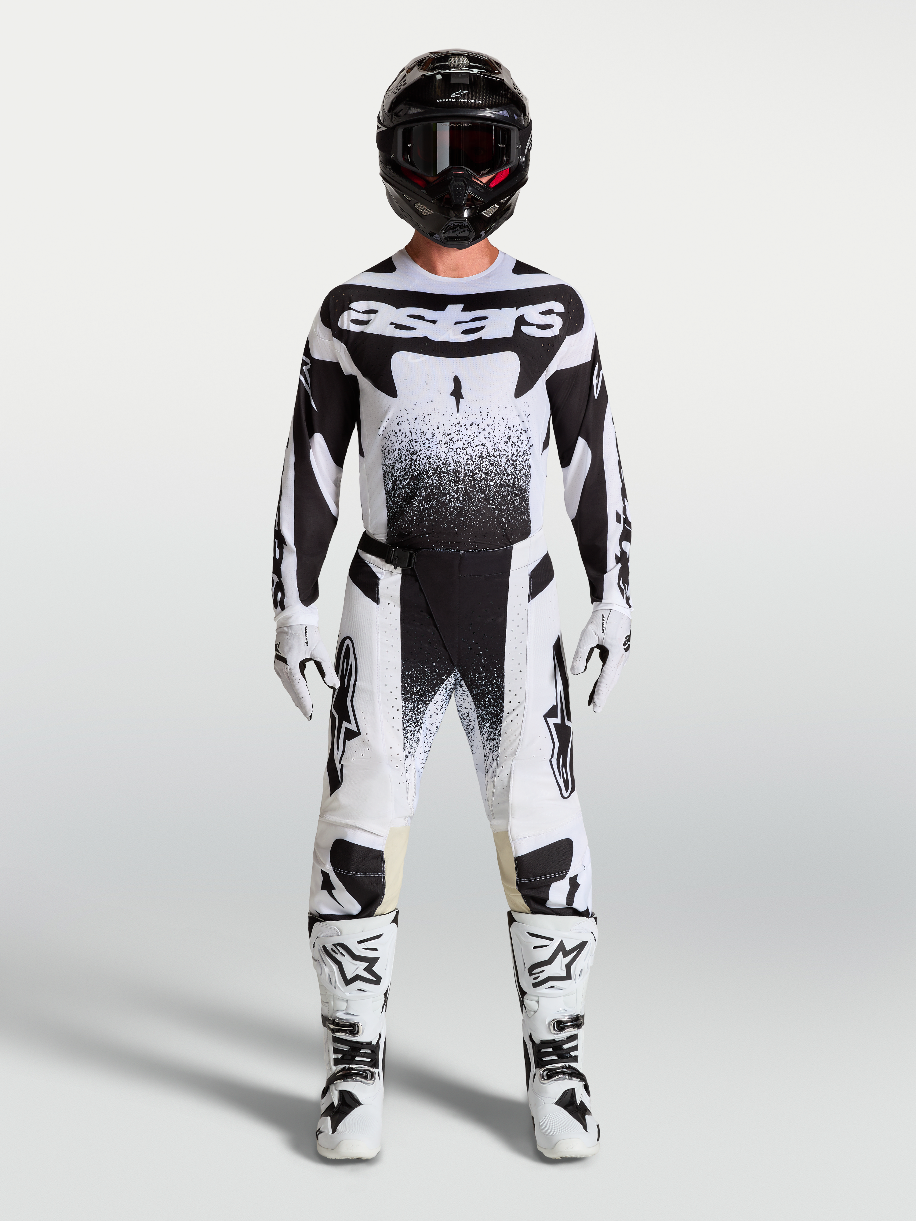 Alpinestars Techstar Swan bukser og trøje, motocrossudstyr til herrer, hvid og sort, med matchende støvler