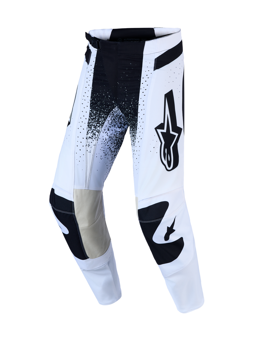 Alpinestars Techstar Swan Bukser AND Techstar Swan Gear Set, hvide og sorte motocrossbukser med læderpaneler på knæene, atletisk pasform og Babel knækonstruktion til terrænkørsel