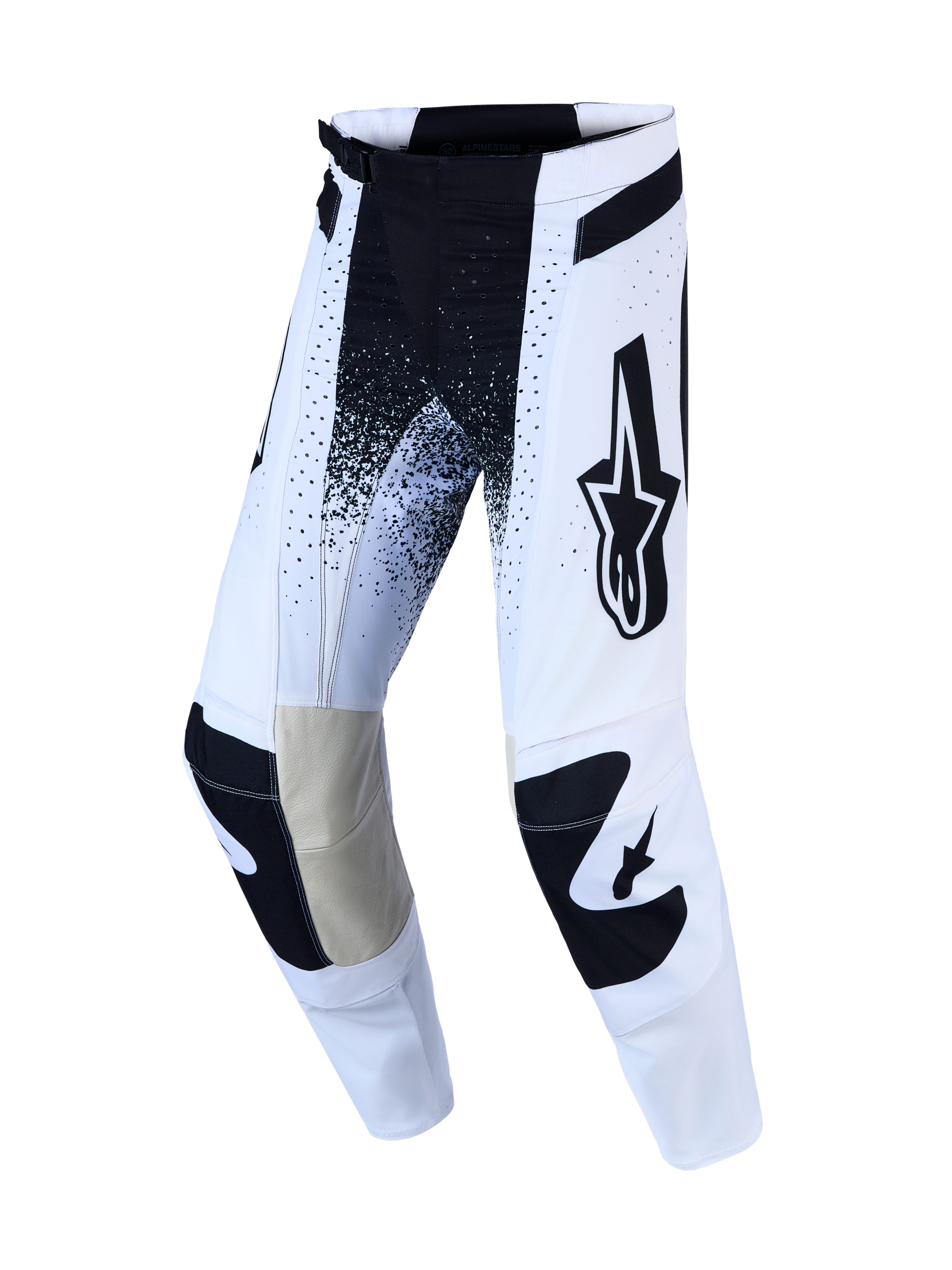 Alpinestars Techstar Swan Bukser AND Techstar Swan Gear Set, hvide og sorte motocrossbukser med læderpaneler på knæene, atletisk pasform og Babel knækonstruktion til terrænkørsel