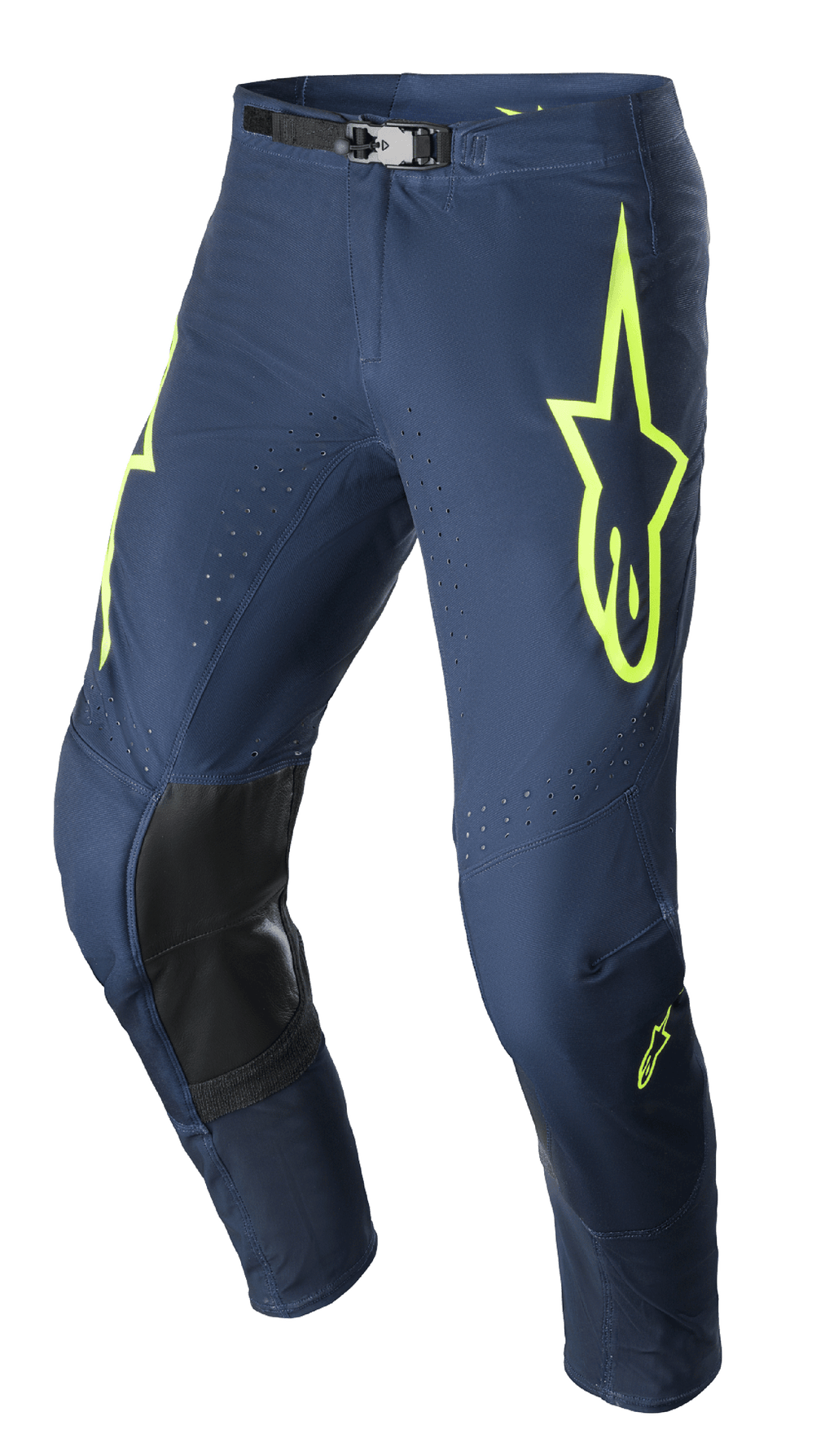 Alpinestars 2023 Supertech Bruin Pants, Motocross Pants, Night Navy and Yellow Fluo, featuring black reinforced knee panels, perforated ventilation, and adjustable magnetic waist buckle, durable racing design