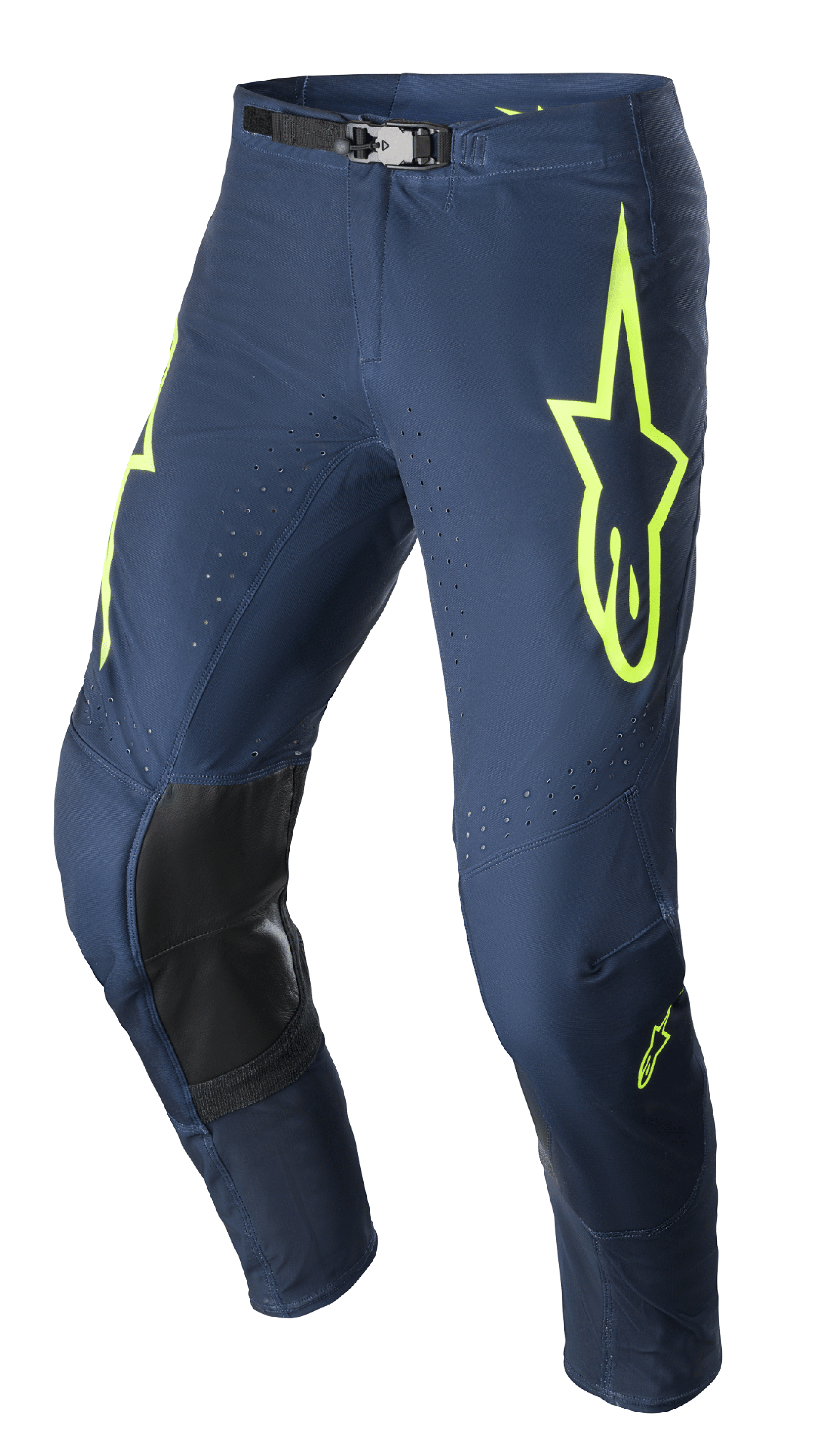 Alpinestars 2023 Supertech Bruin bukser, motocrossbukser, mørkeblå og neongul, med sorte forstærkede knæpaneler, perforeret ventilation og justerbart magnetisk taljespænde, holdbart racerdesign