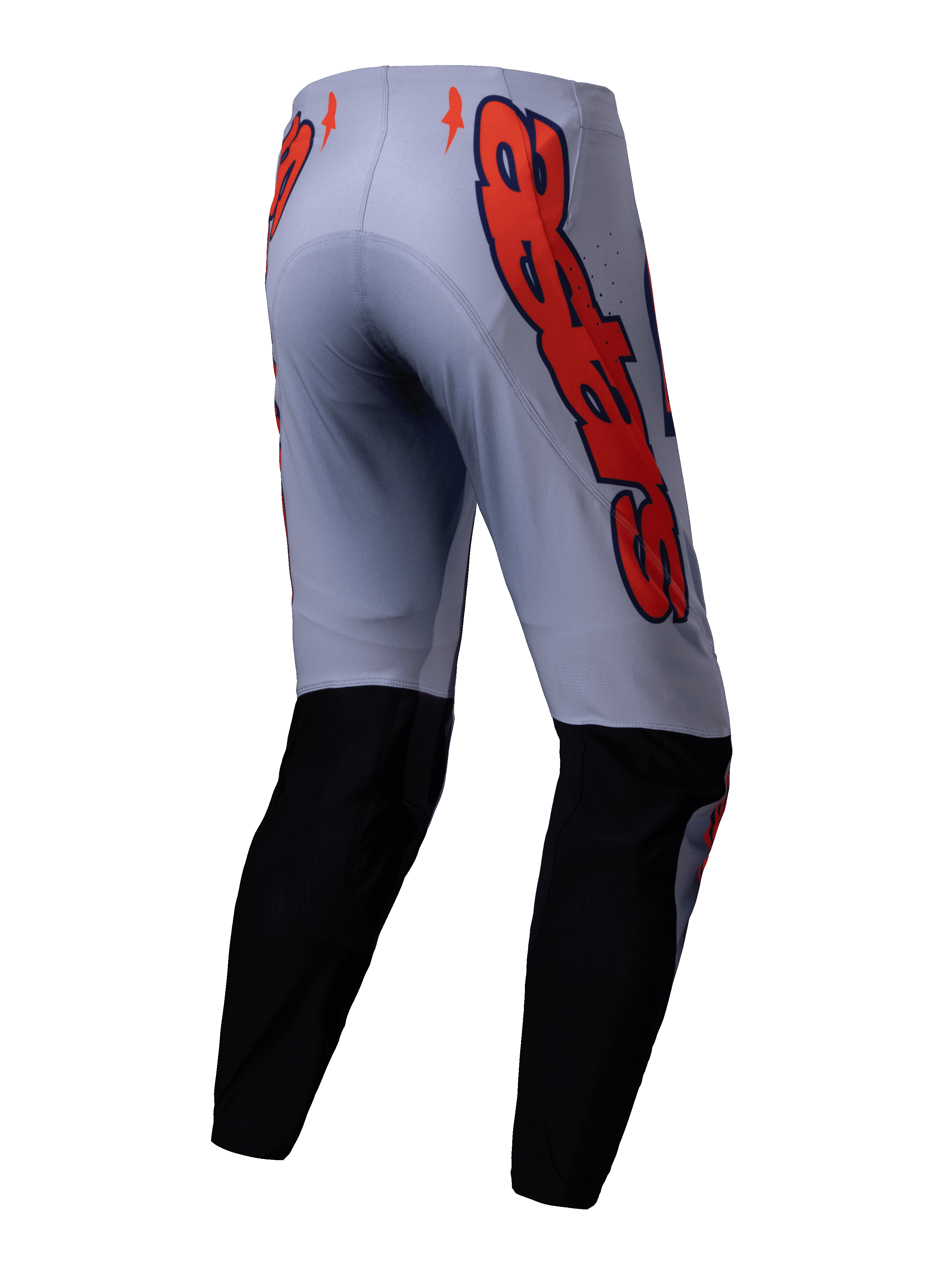 Alpinestars 2025 Supertech Lipan bukser, motocrossbukser, grå og orange fluo, set bagfra med sorte paneler på underbenene og store orange Alpinestars-logografikker på hofterne, atletisk pasform til terrænkørsel