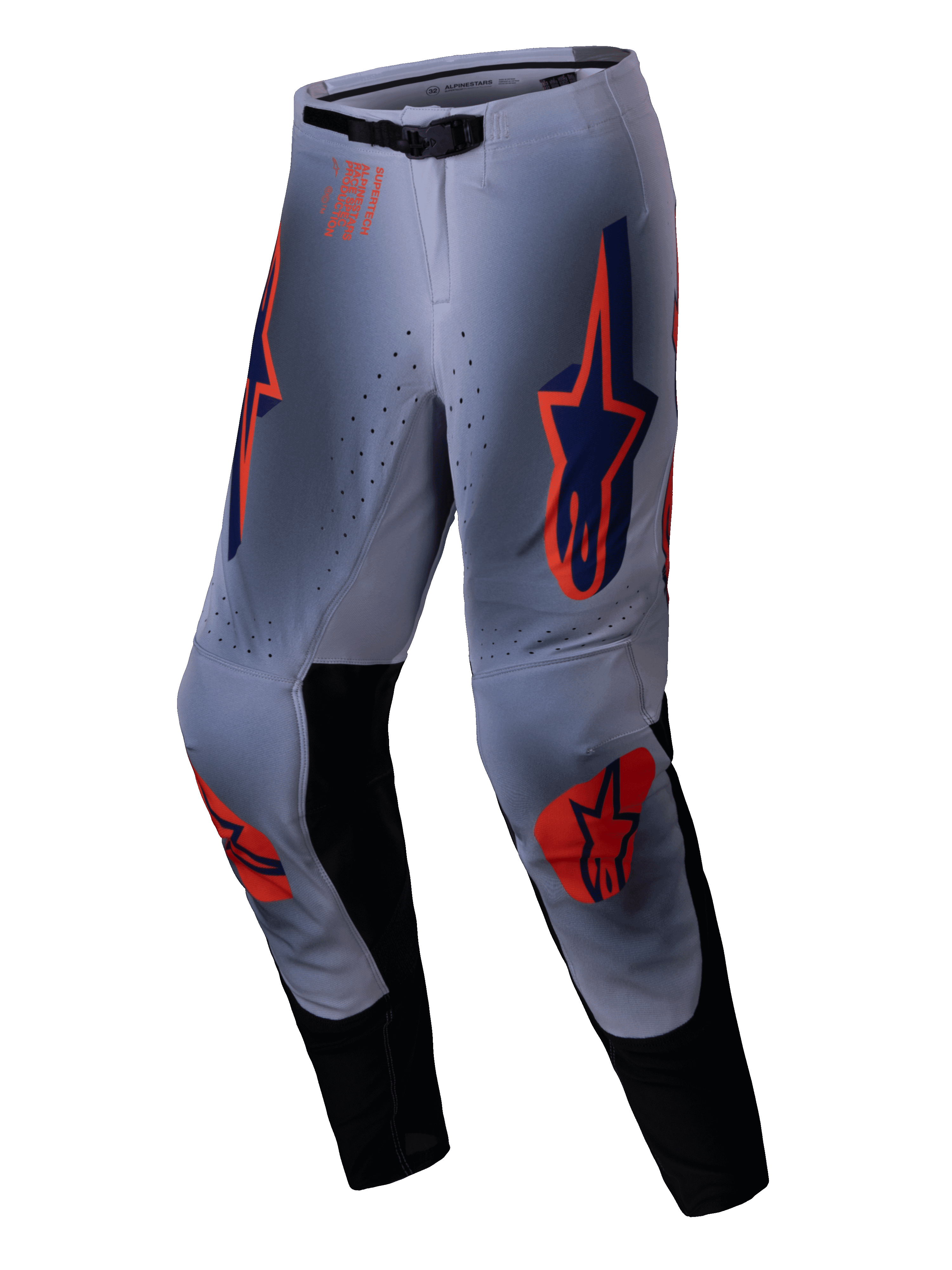 Alpinestars 2025 Supertech Lipan bukser, motocross-bukser, grå og orange fluo, med markante orange og navyblå stjerne-logoer på lår og knæ, sorte indvendige benpaneler og et justerbart taljebælte, designet til off-road ydeevne på professionelt niveau.