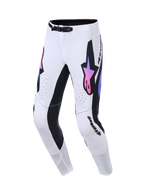 Alpinestars 2026 Supertech AFD Vista bukser, motocross-bukser, hvid, lilla og sort, med et stort sort Astars-logo med pink og lilla gradient, sorte indvendige benpaneler og et SX1 magnetisk taljespænde, designet til off-road racing-performance
