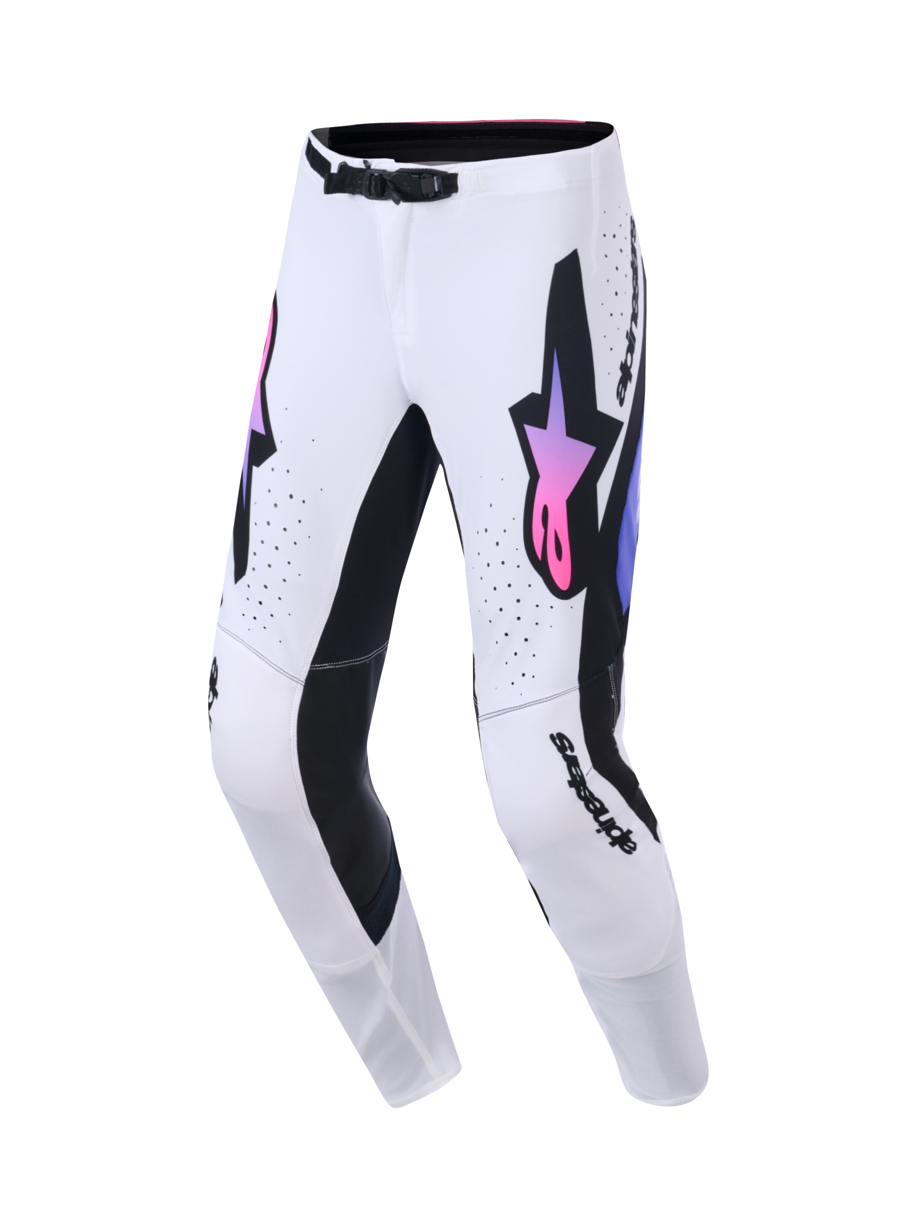 Alpinestars 2026 Supertech AFD Vista bukser, motocross-bukser, hvid, lilla og sort, med et stort sort Astars-logo med pink og lilla gradient, sorte indvendige benpaneler og et SX1 magnetisk taljespænde, designet til off-road racing-performance