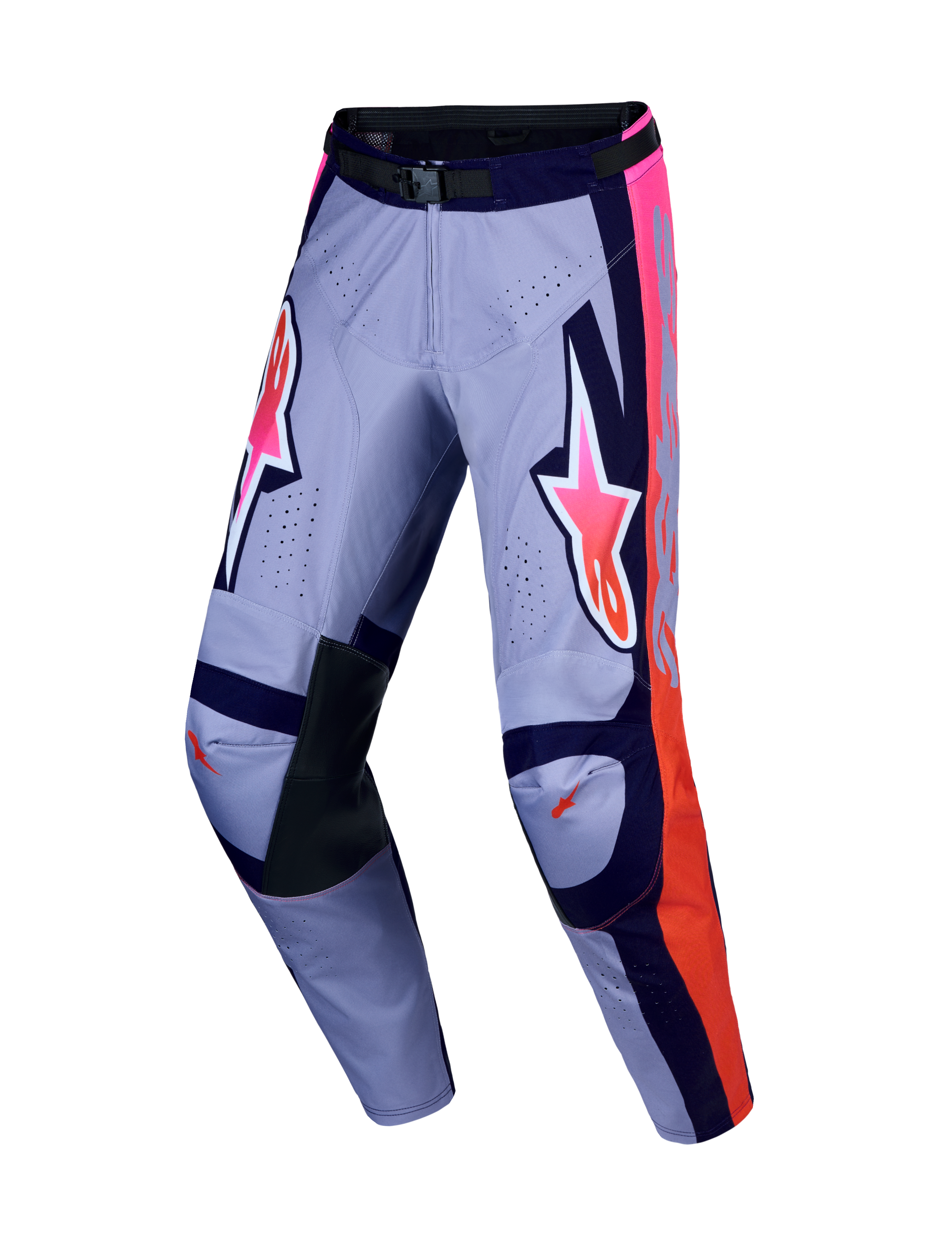 Alpinestars Racer Air Hunt Motocross Pants, purple and pink fluo, featuring ventilated polyfabric and leather inner knees.