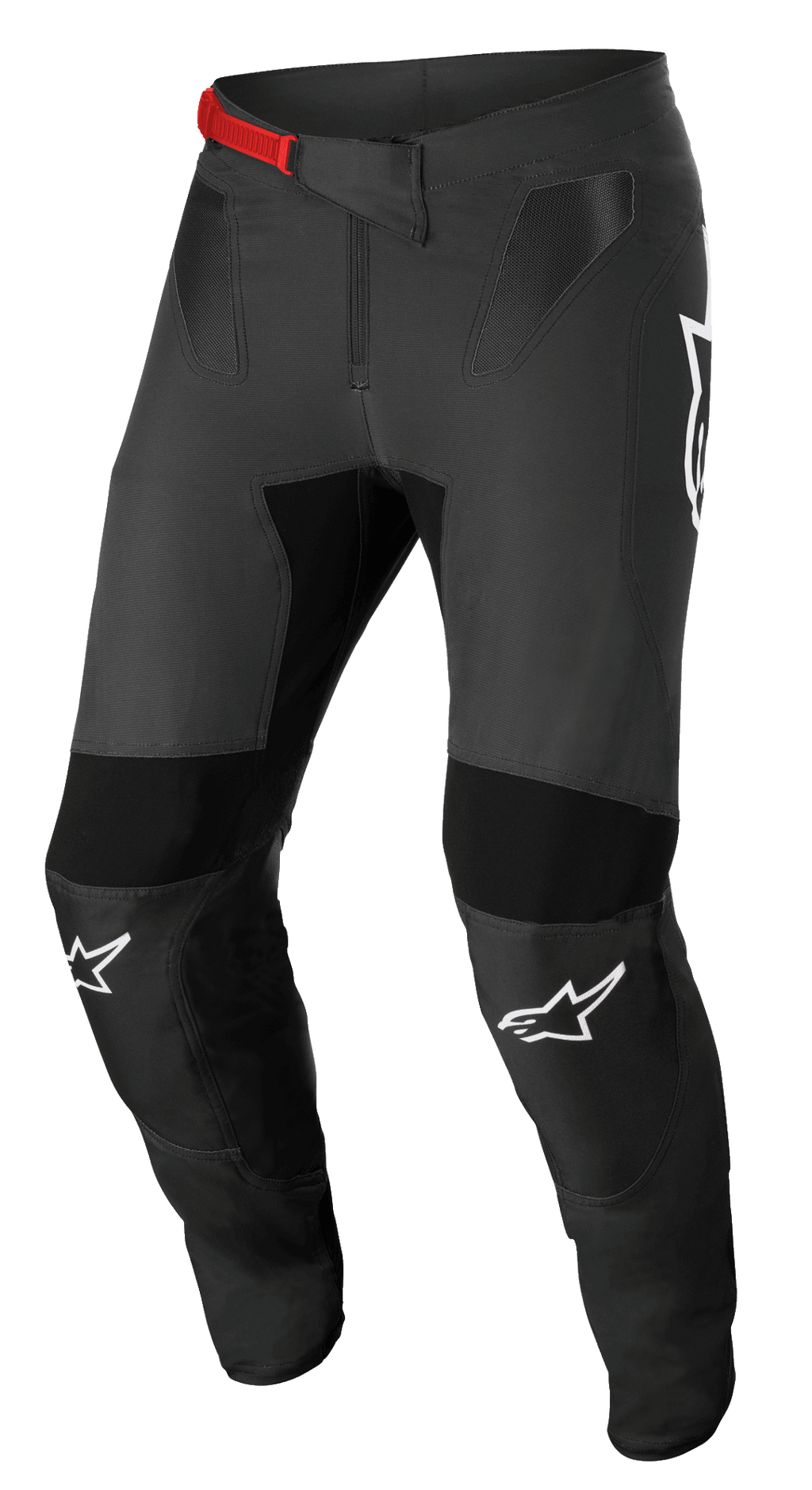 Alpinestars Supertech Foster bukser, motocross racing-bukser, sort og grå med rødt spænde i taljen, hvide knælogoer, forstærket knæ- og lårbeskyttelse, ventilerede mesh-paneler og en tætsiddende pasform til aktiv kørsel