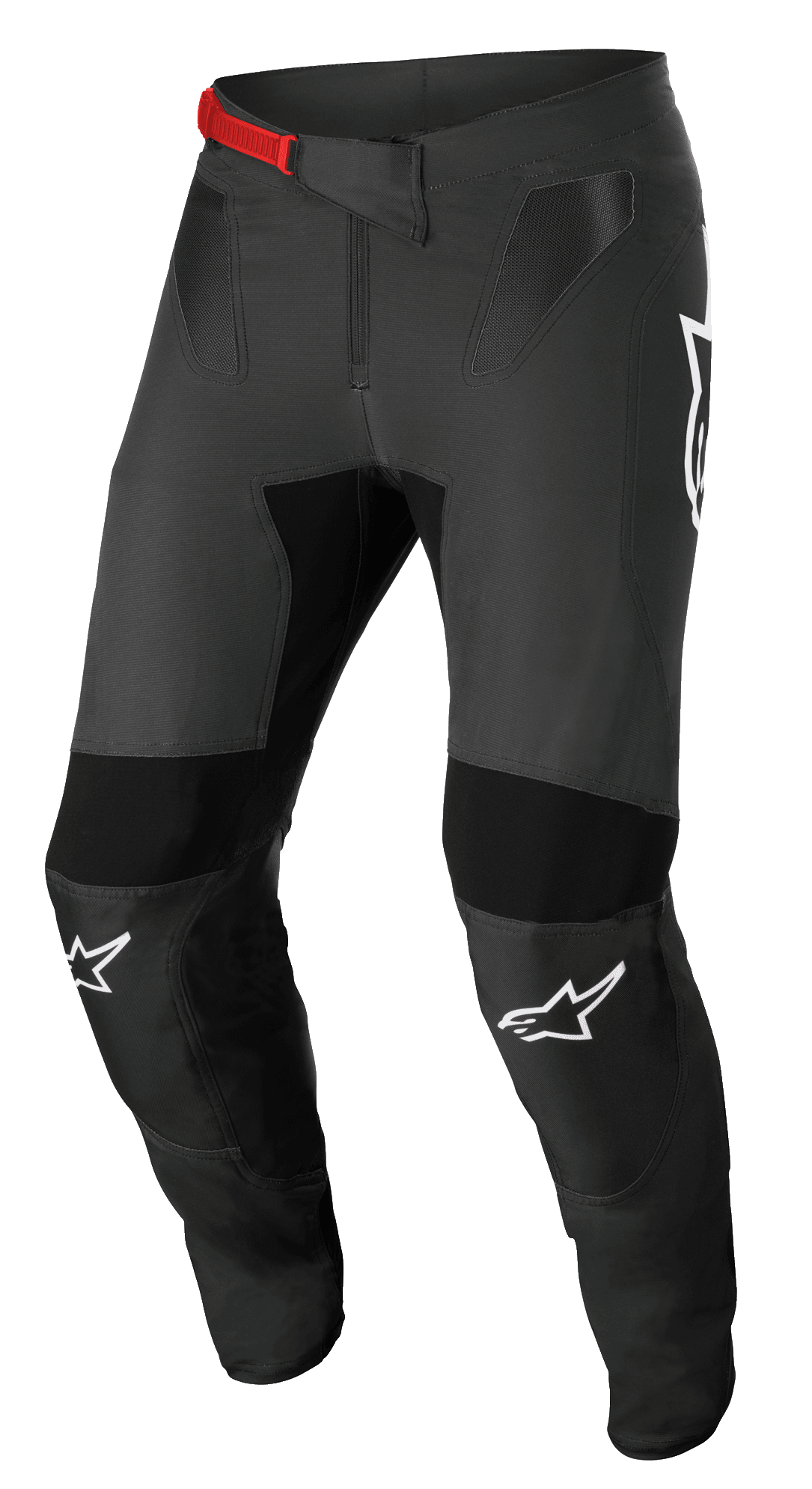 Alpinestars Supertech Foster bukser, motocross racing-bukser, sort og grå med rødt spænde i taljen, hvide knælogoer, forstærket knæ- og lårbeskyttelse, ventilerede mesh-paneler og en tætsiddende pasform til aktiv kørsel