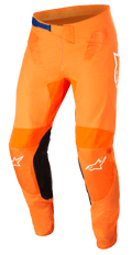 Alpinestars Supertech Foster bukser, motocross racerbukser, orange og sort, blåt taljespænde, hvide stjernelogoer på knæene, forstærkede indvendige benpaneler og teknisk mesh-ventilation