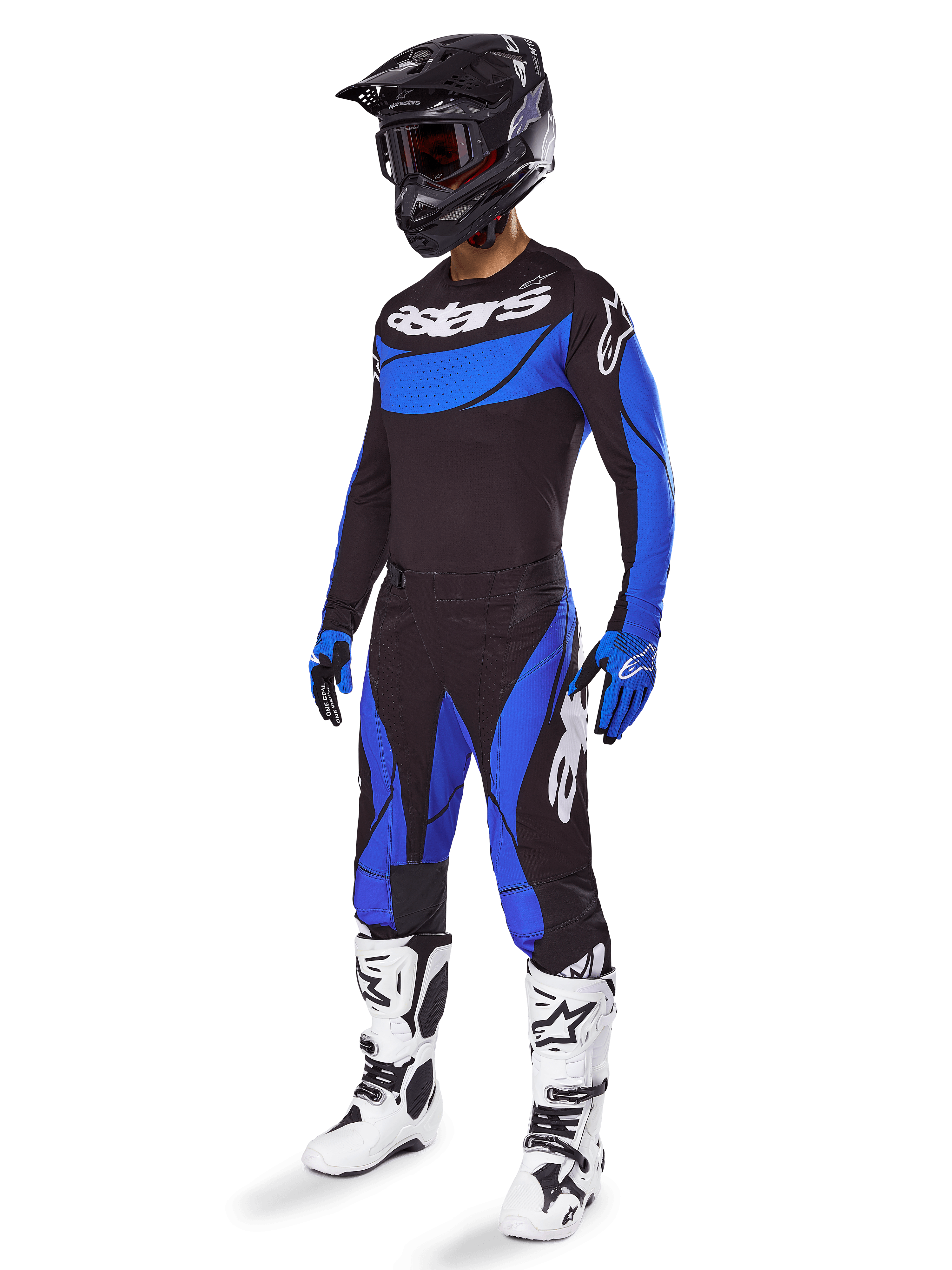 Alpinestars 2025 Techstar Dreem Gear Set, Motocross gear in Black and Blue, including jersey and pants with white branding, worn with a black helmet, blue and black gloves, and white and black boots, complete coordinated racing outfit for off-road performance.