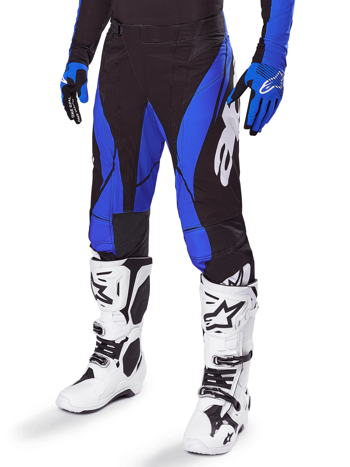 Alpinestars 2025 Techstar Dreem bukser, motocross-bukser, sort og blå, båret med hvide motocross-støvler og blå handsker, hvidt Alpinestars-logo på benet, slidstærk konstruktion til off-road racing