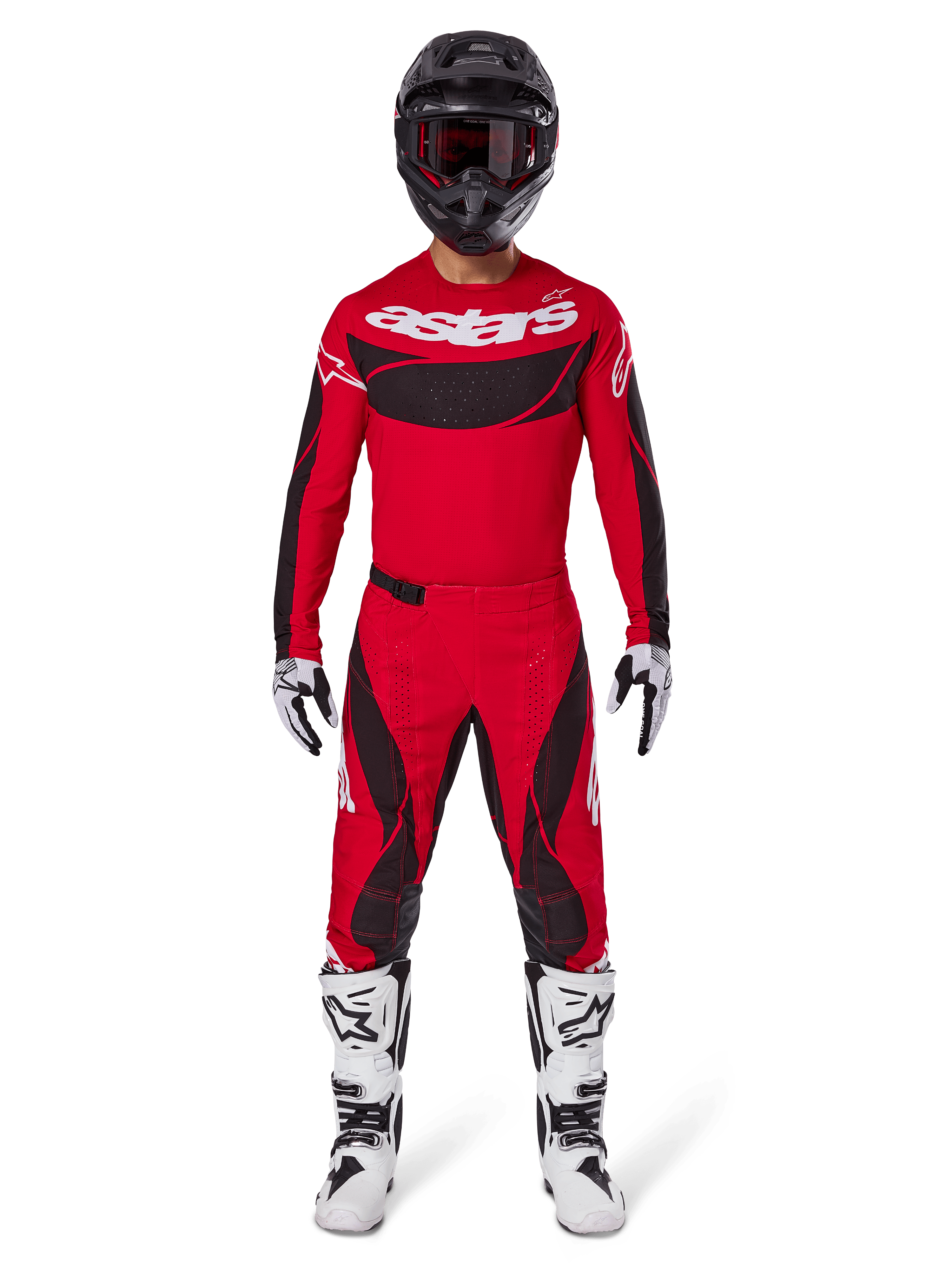 Alpinestars 2025 Techstar Dreem bukser, motocross-bukser, rød og sort, vist som en del af et komplet racersæt med matchende rød trøje, sort hjelm og hvide støvler, sporty design med markant branding til terrænkørsel.