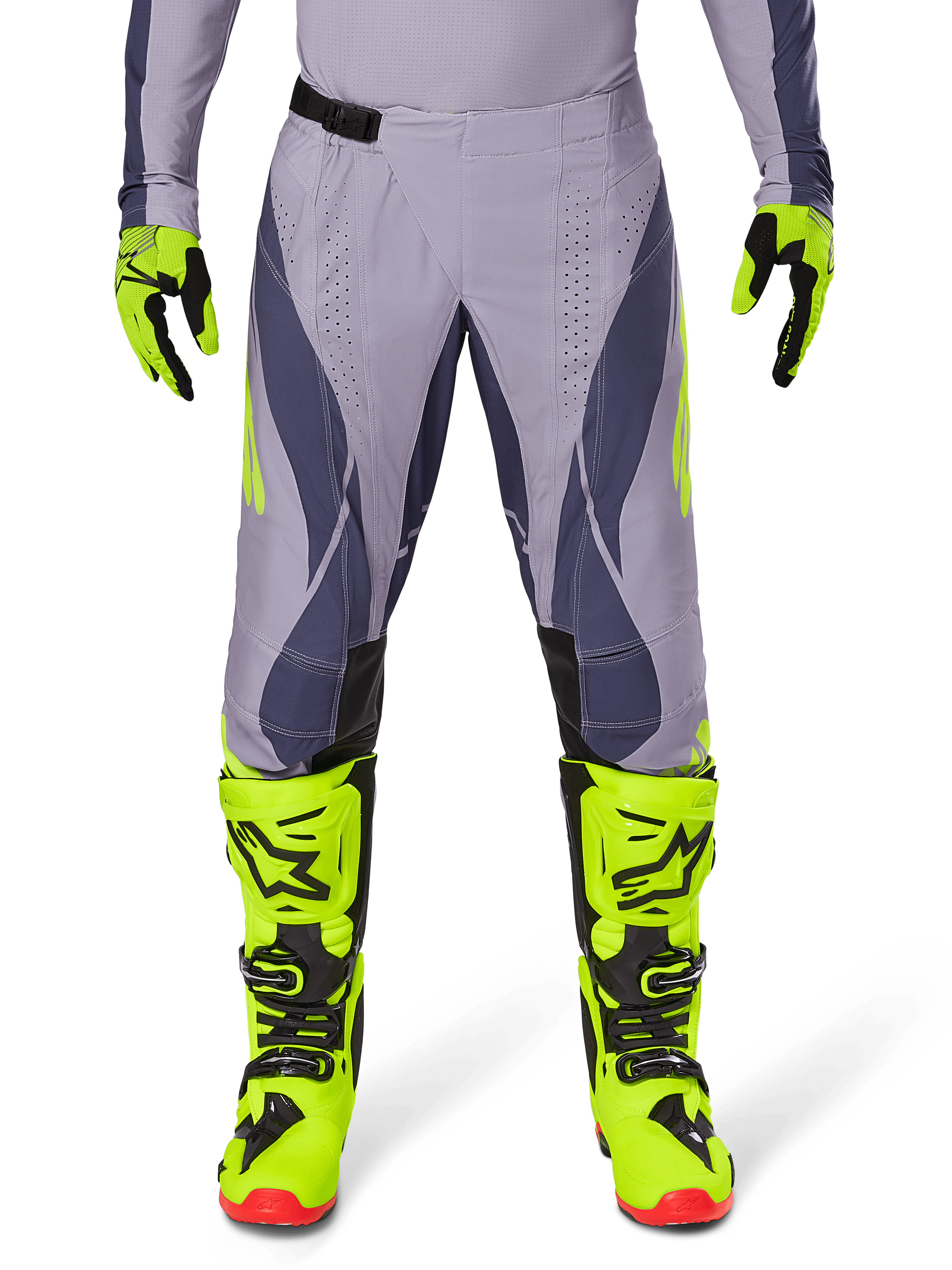 Alpinestars 2025 Techstar Dreem bukser, motocross-bukser, lysegrå og mørkegrå med neongule detaljer, vist sammen med neongule støvler og handsker, laserskåret ventilation, sorte spænder, røde støvlesåler, professionelt motocross-udstyr