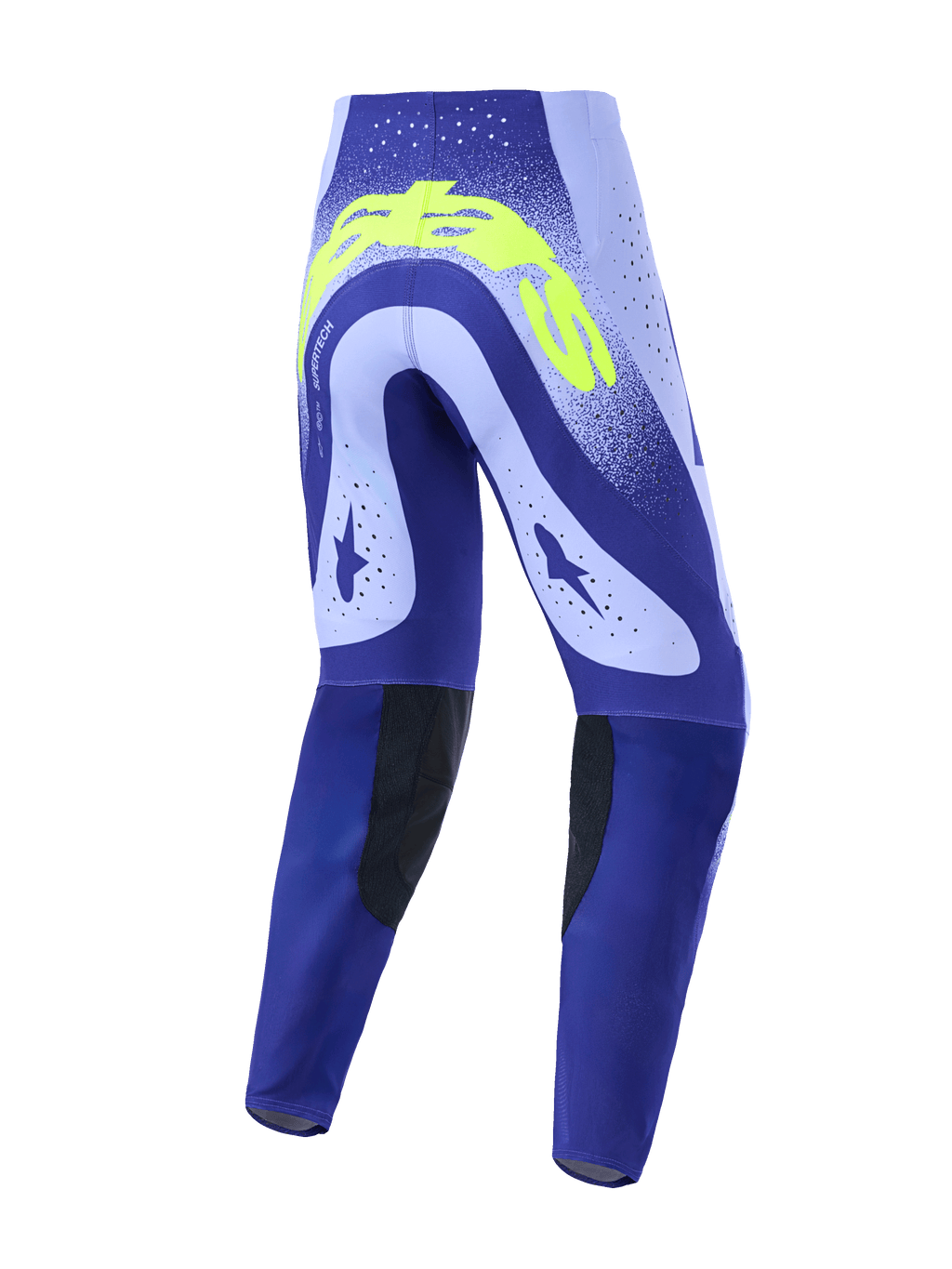 Alpinestars 2026 Supertech Scenz bukser, motocrossbukser, lilla og neongul, set bagfra, der viser teknisk design med laserskårne perforationer, markant neongul branding på bagsiden og sorte slidstærke indvendige knæpaneler.