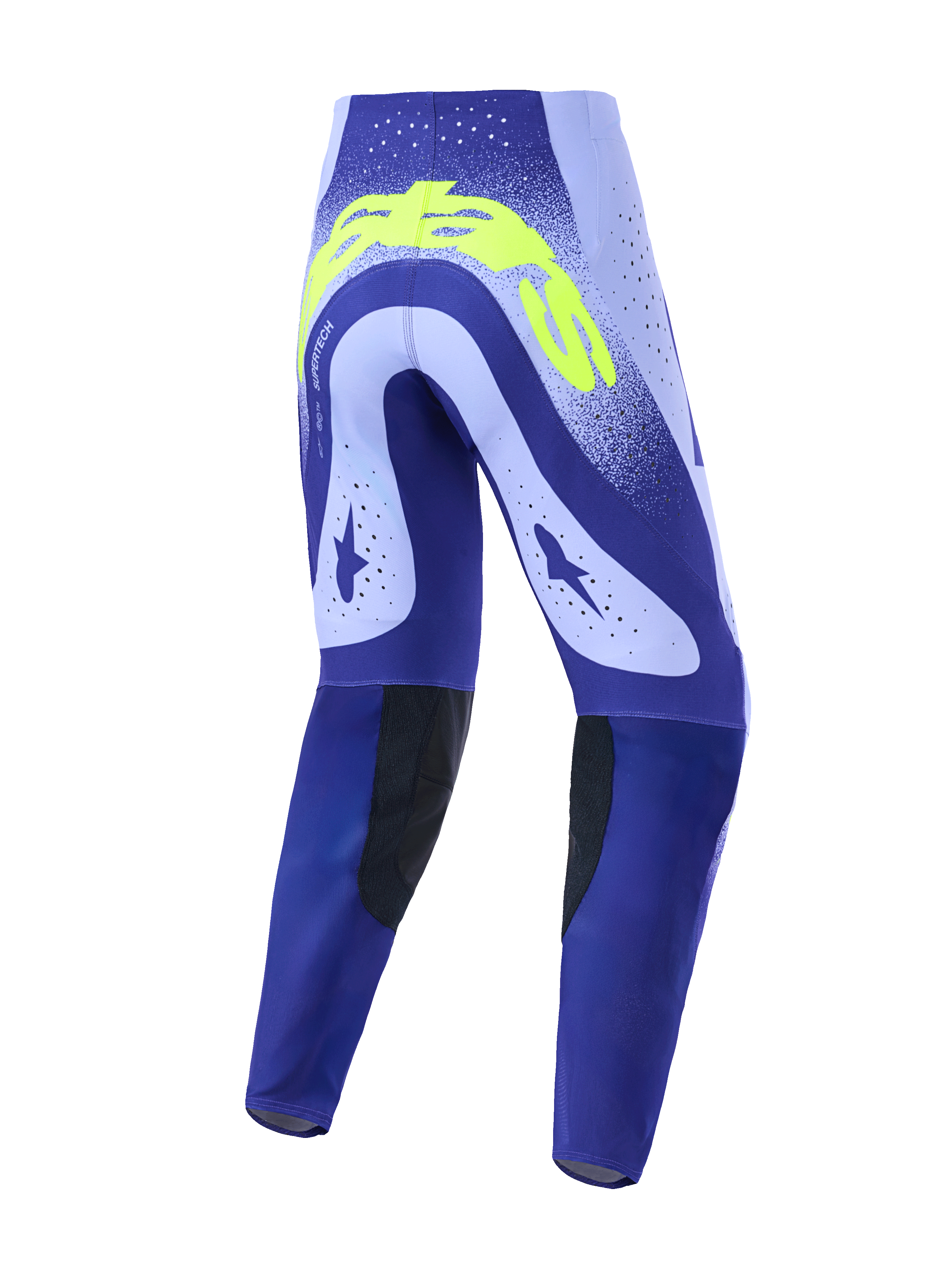 Alpinestars 2026 Supertech Scenz bukser, motocrossbukser, lilla og neongul, set bagfra, der viser teknisk design med laserskårne perforationer, markant neongul branding på bagsiden og sorte slidstærke indvendige knæpaneler.