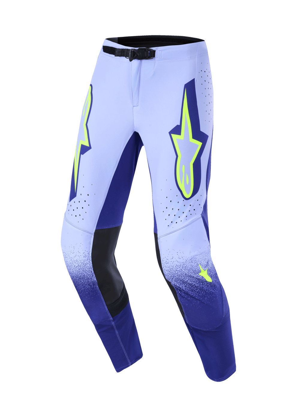 Alpinestars 2026 Supertech Scenz bukser, motocross-bukser, lilla og neon-gul, med en graduering fra lavendel til mørkeblå, neongule Alpinestars-stjernelogoer på lårene, indvendige knæpaneler i sort læder og et sikkert sort taljespænde.