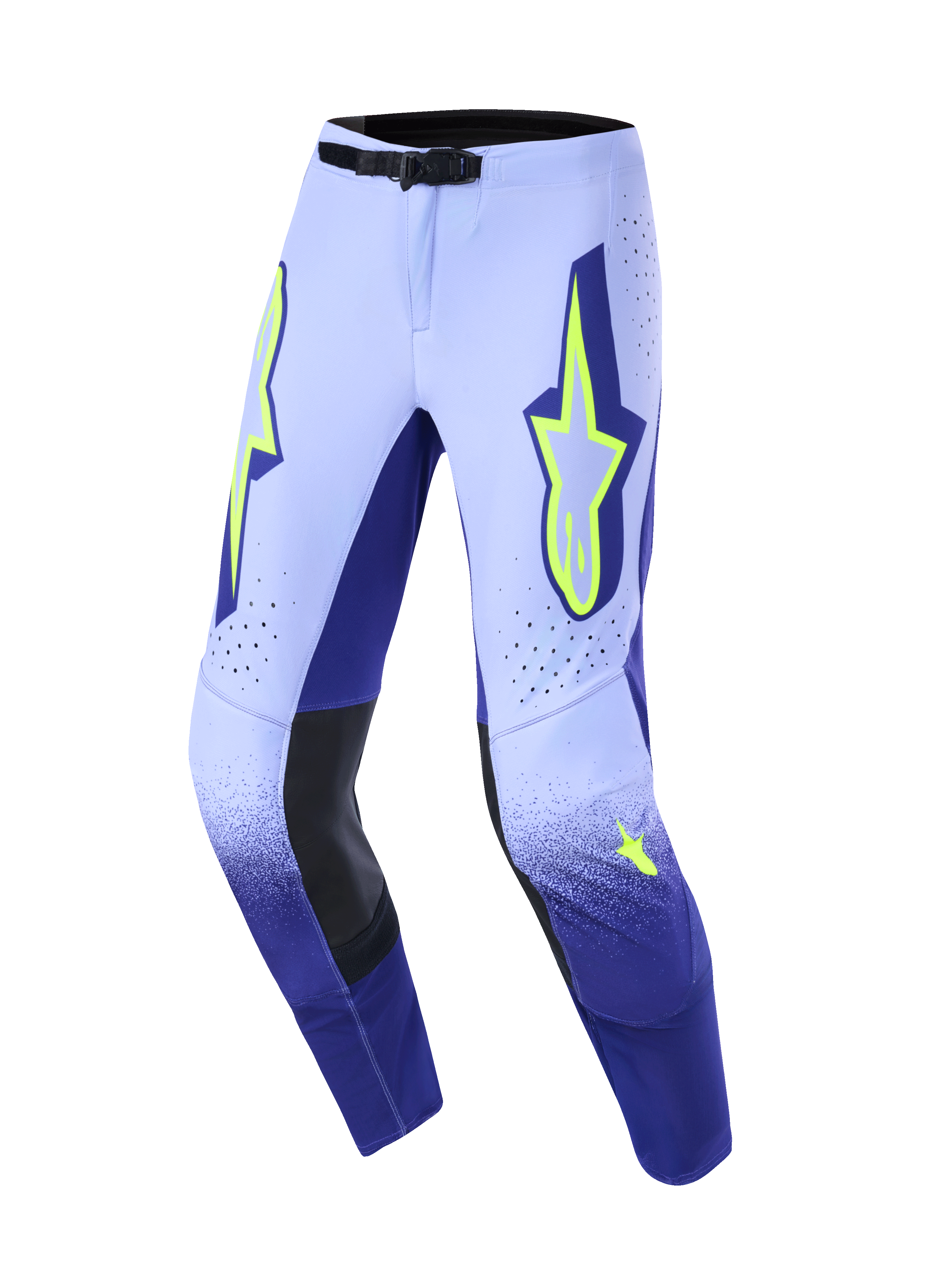 Alpinestars 2026 Supertech Scenz bukser, motocross-bukser, lilla og neon-gul, med en graduering fra lavendel til mørkeblå, neongule Alpinestars-stjernelogoer på lårene, indvendige knæpaneler i sort læder og et sikkert sort taljespænde.