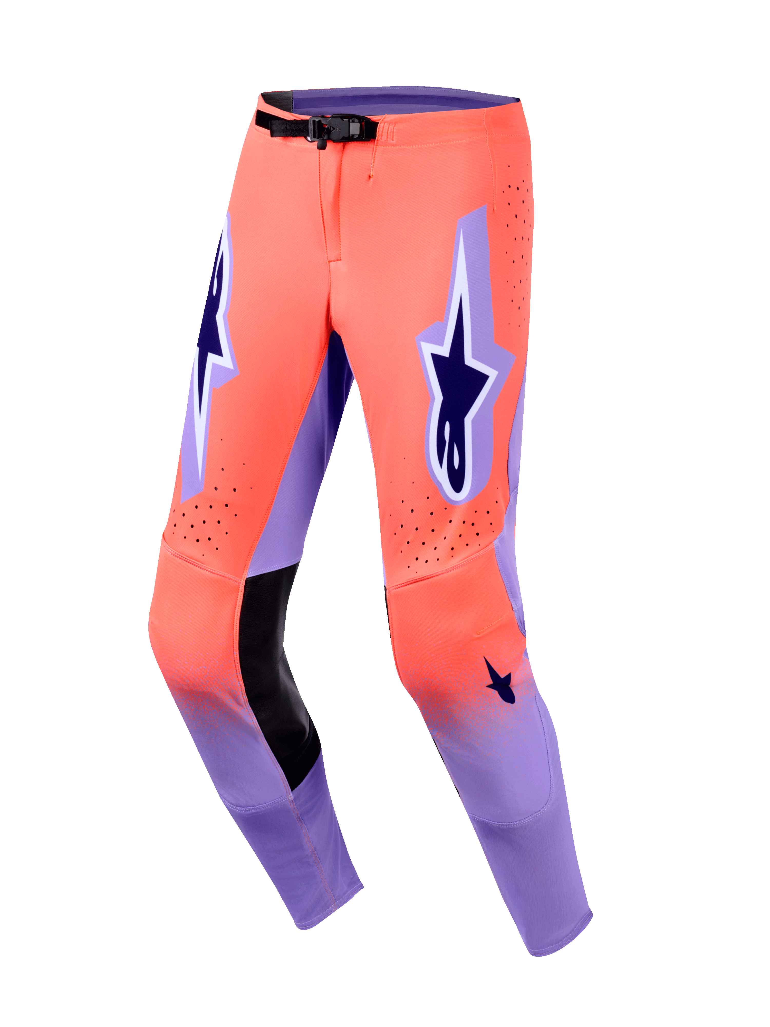 Alpinestars 2026 Supertech Scenz bukser, motocross-bukser, Hot Coral og lilla, med indvendige knæpaneler i sort læder, markante mørkelilla A-star logoer på lårene, laserudskårne perforeringer og et sort magnetisk taljespænde.