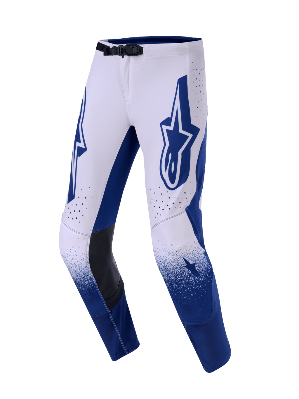 Alpinestars 2026 Supertech Scenz bukser, motocross-bukser, lysegrå og mørkeblå, med et stort blåt Astars-logo på låret, sorte læderpaneler på indersiden af knæene og perforerede ventilationshuller, gradueringseffekt på underbenene, professionelt racerudstyr til terrænkørsel