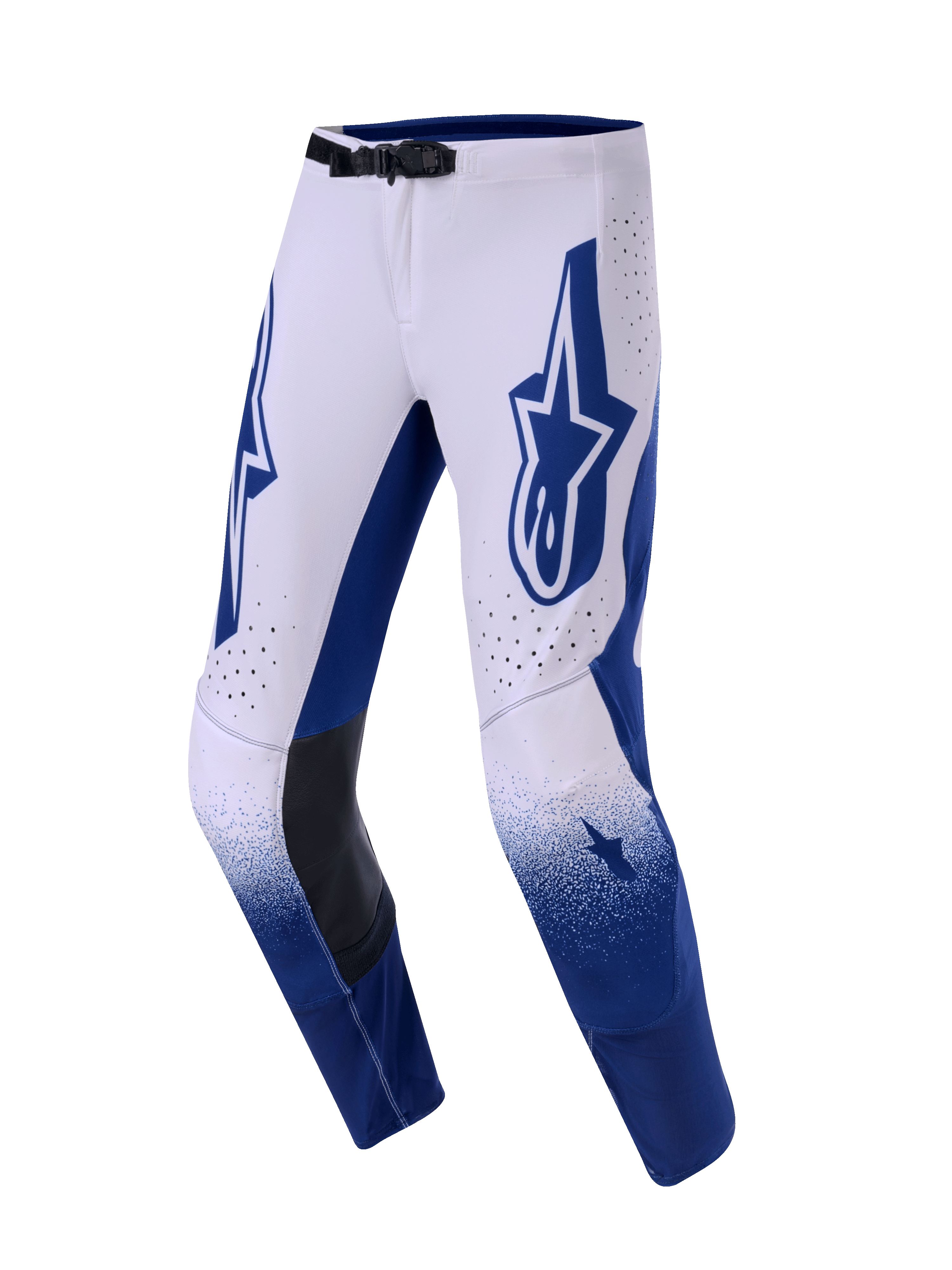 Alpinestars 2026 Supertech Scenz bukser, motocross-bukser, lysegrå og mørkeblå, med et stort blåt Astars-logo på låret, sorte læderpaneler på indersiden af knæene og perforerede ventilationshuller, gradueringseffekt på underbenene, professionelt racerudstyr til terrænkørsel
