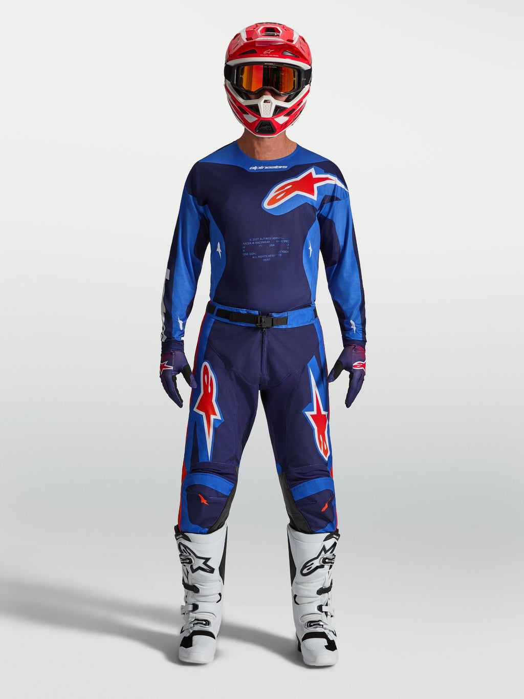 Alpinestars Racer Hunt bukser, motocrossudstyr til herrer, blå og rød, slidstærk polyfabric-konstruktion.