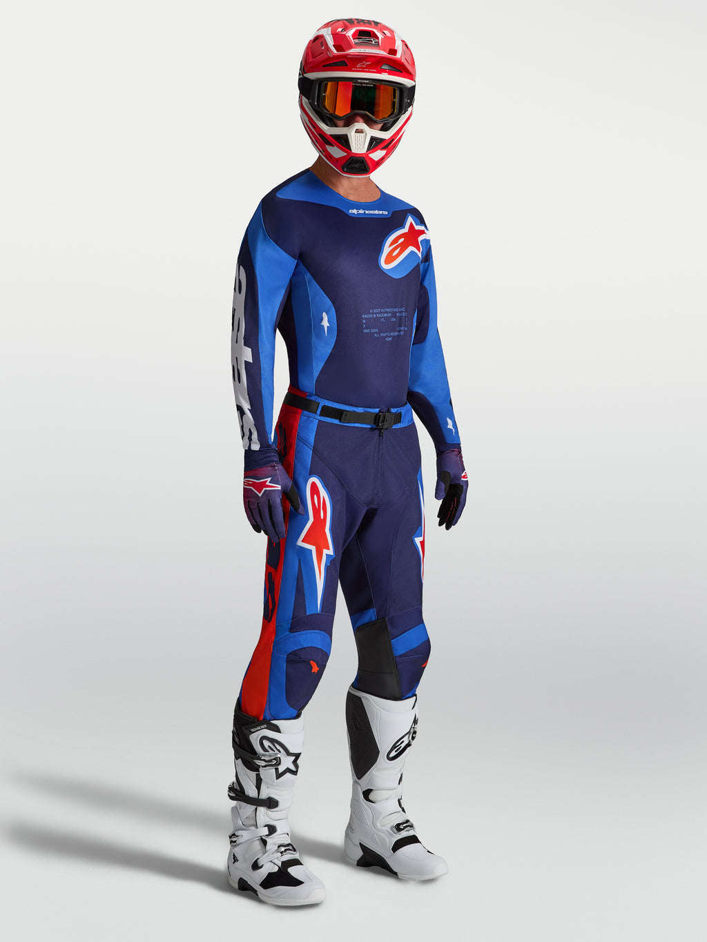 Alpinestars Racer Hunt Bukser, blå og røde motocrossbukser til herrer med ergonomisk forbuet pasform til terrænkørsel.