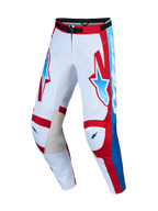 Alpinestars Racer Hunt bukser og Gear Set, hvide og røde motocrossbukser med blå detaljer og læder på indersiden af knæene.