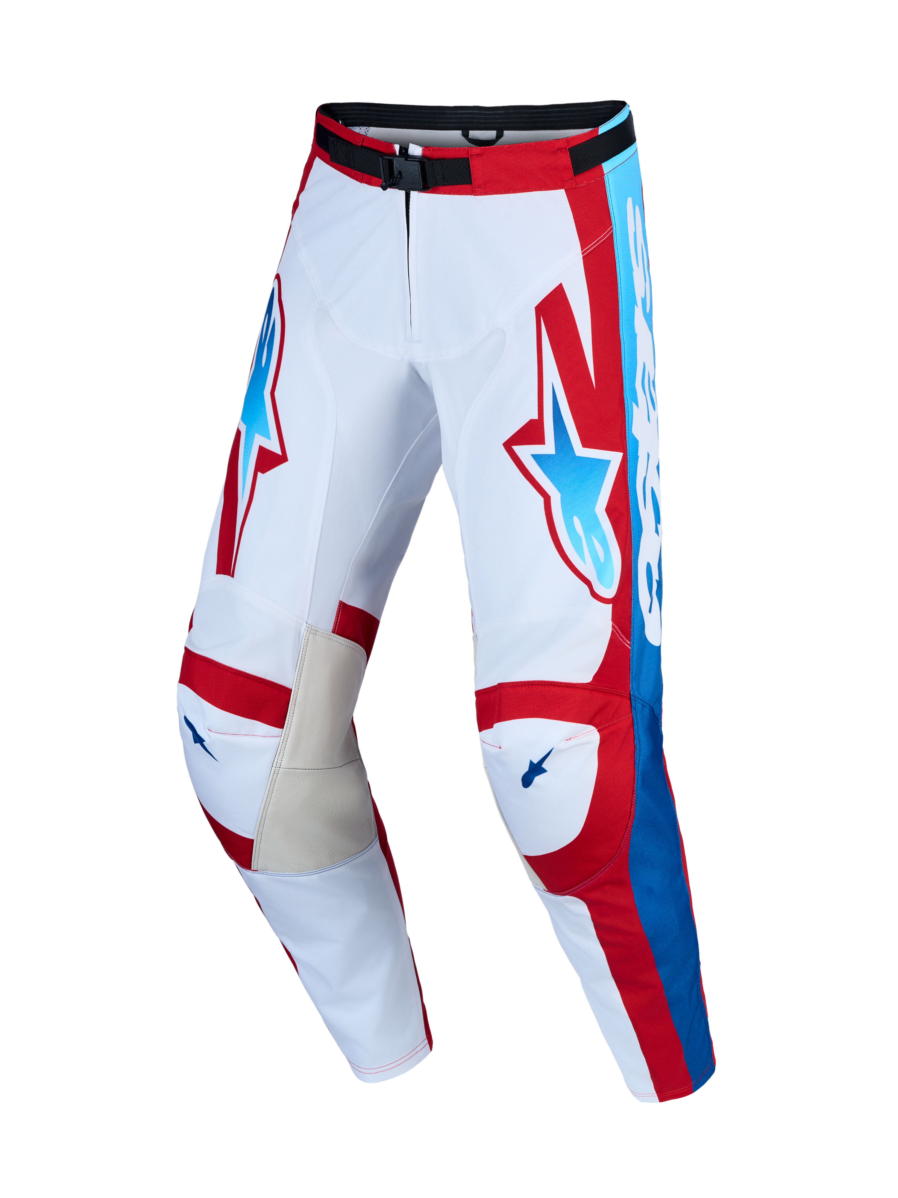 Alpinestars Racer Hunt bukser og Gear Set, hvide og røde motocrossbukser med blå detaljer og læder på indersiden af knæene.