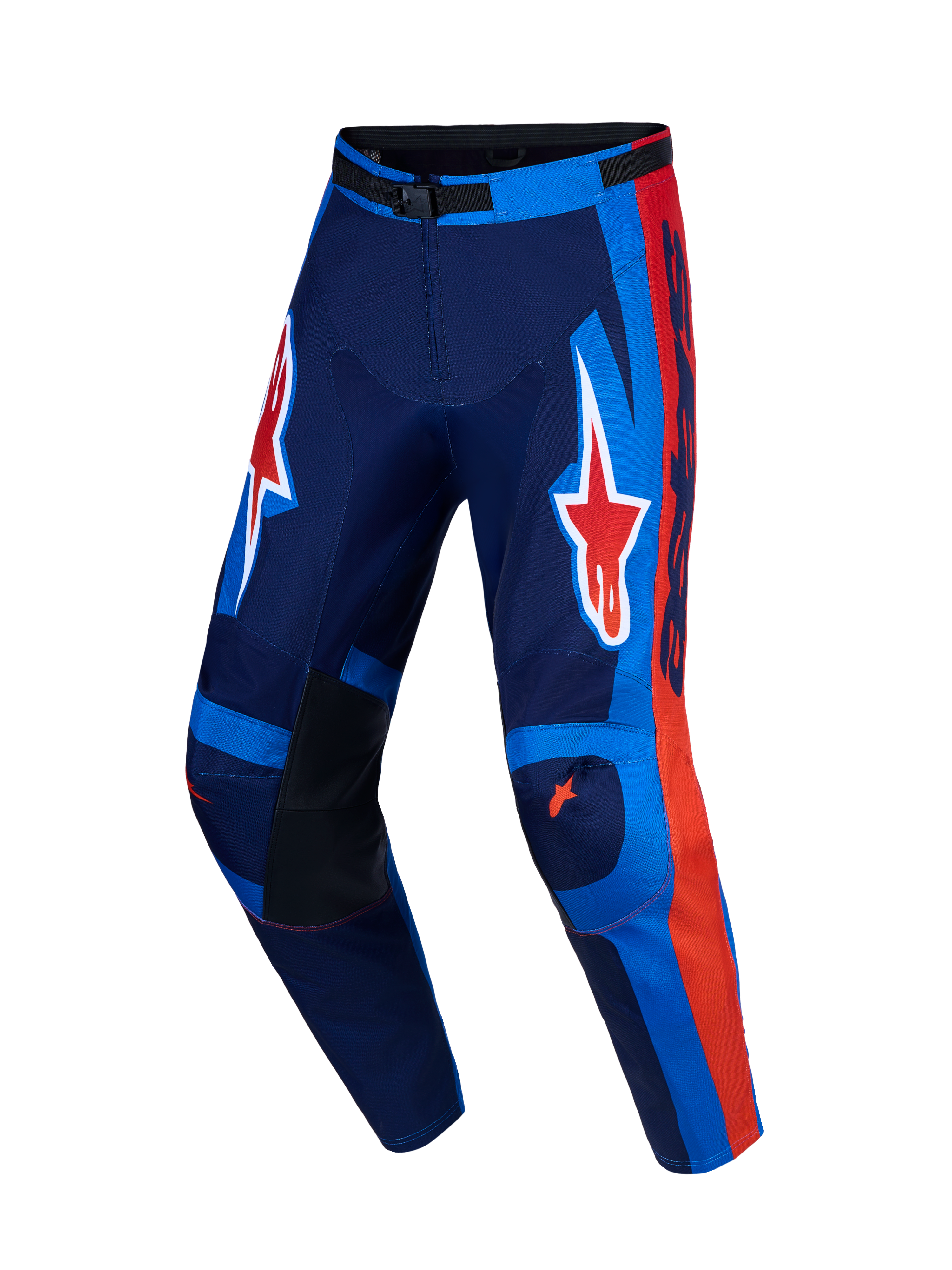 Alpinestars Racer Hunt bukser, herre-motocrossbukser i blå og rød, holdbar 600D polyfabric med forbuede ben og stretch-paneler.