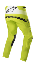 Alpinestars 2023 Techstar Push bukser, motocross-bukser, fluo gul og hvid, trekvartvisning bagfra med sort branding og hvidt bagpanel med stjernelogo, sorte forstærkninger på indersiden af benene, holdbart off-road racerudstyr