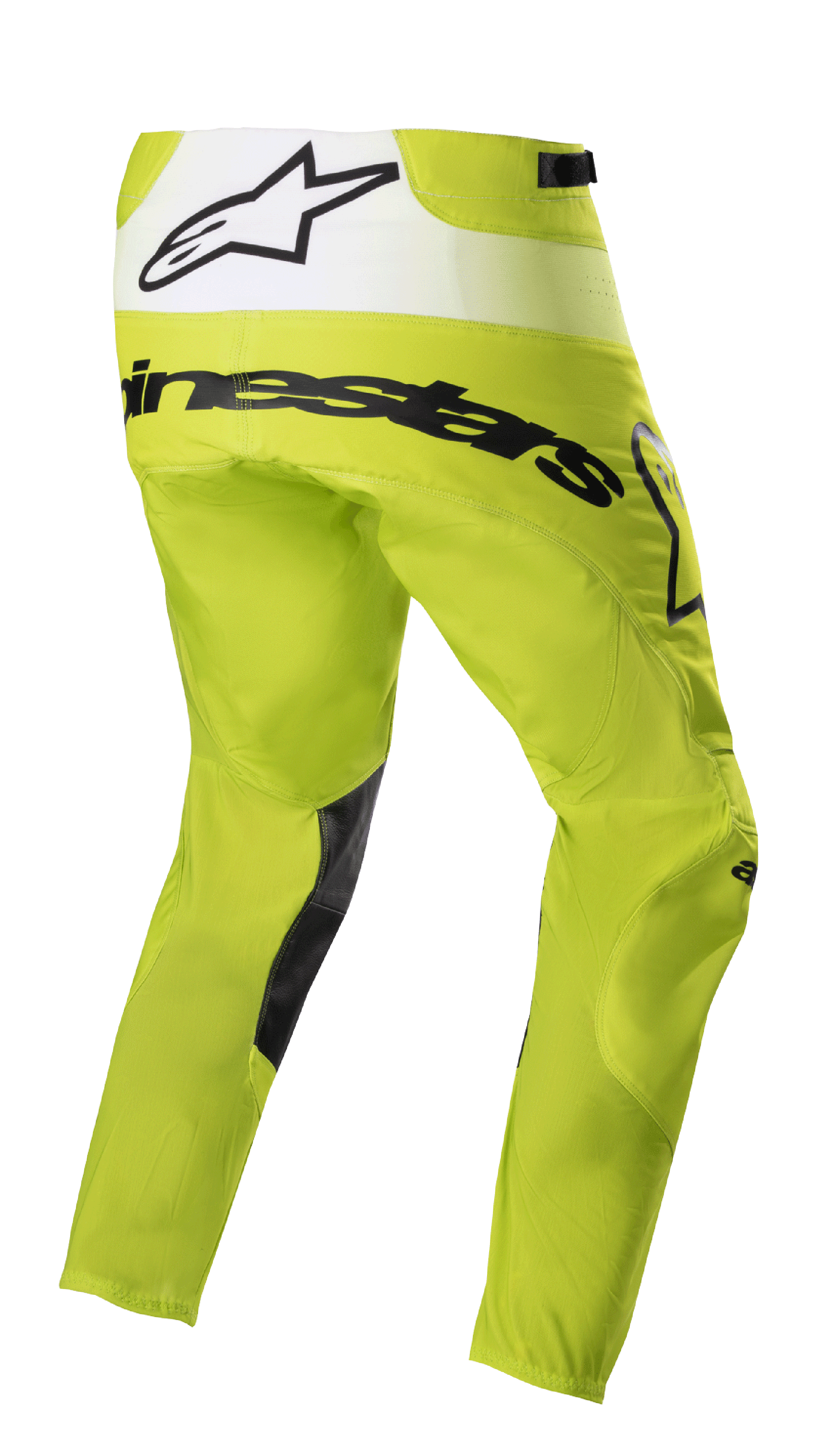 Alpinestars 2023 Techstar Push bukser, motocross-bukser, fluo gul og hvid, trekvartvisning bagfra med sort branding og hvidt bagpanel med stjernelogo, sorte forstærkninger på indersiden af benene, holdbart off-road racerudstyr