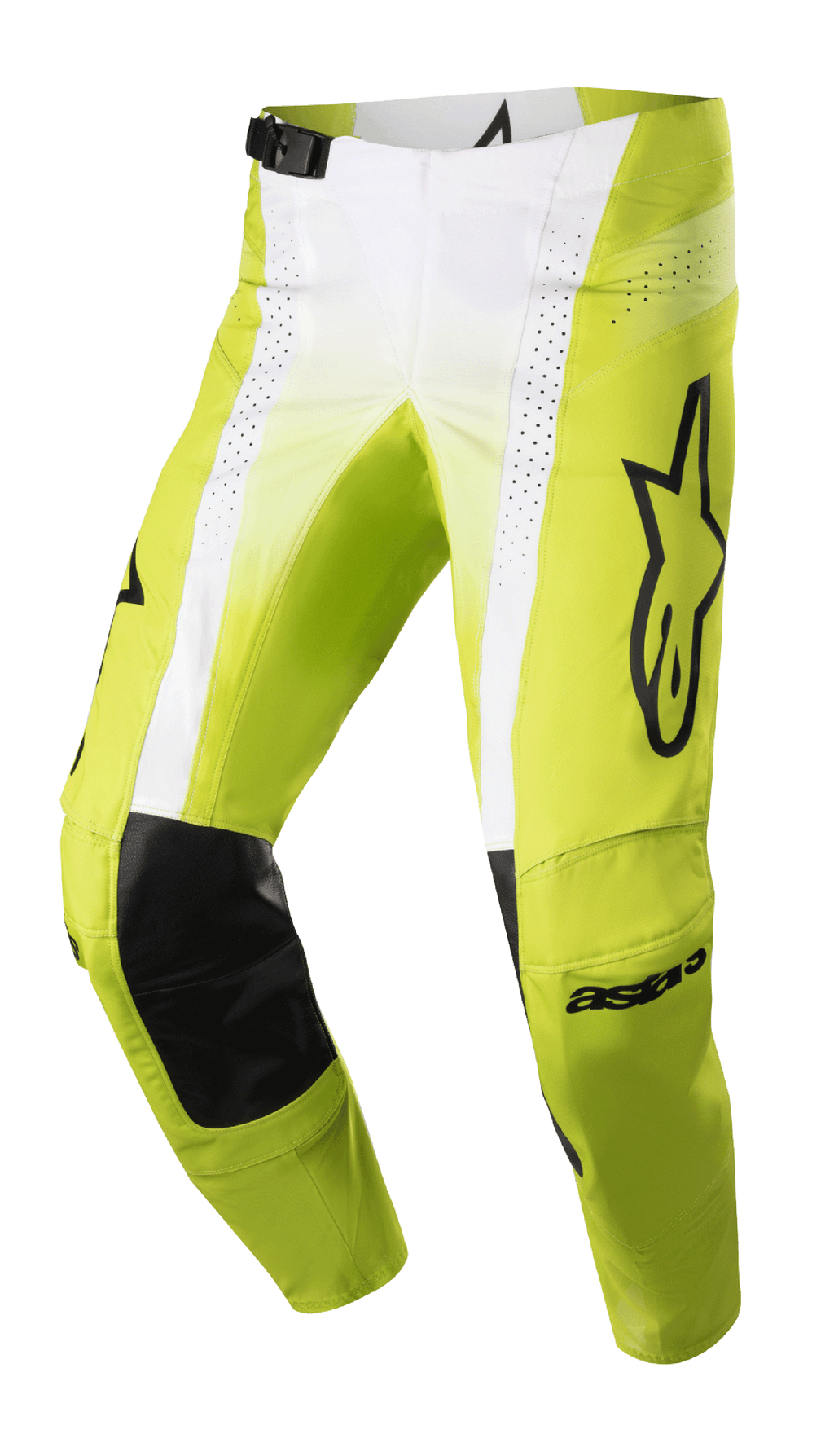 Alpinestars 2023 Techstar Push-bukser, motocross-racerbukser, neongul og hvid med sorte detaljer, med indvendige knæforstærkninger i sort læder, perforerede ventilationspaneler, stort sort logo på låret og justerbart taljespænde, højtydende offroad-udstyr