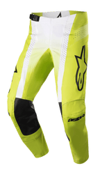 Alpinestars 2023 Techstar Push-bukser, motocross-racerbukser, neongul og hvid med sorte detaljer, med indvendige knæforstærkninger i sort læder, perforerede ventilationspaneler, stort sort logo på låret og justerbart taljespænde, højtydende offroad-udstyr
