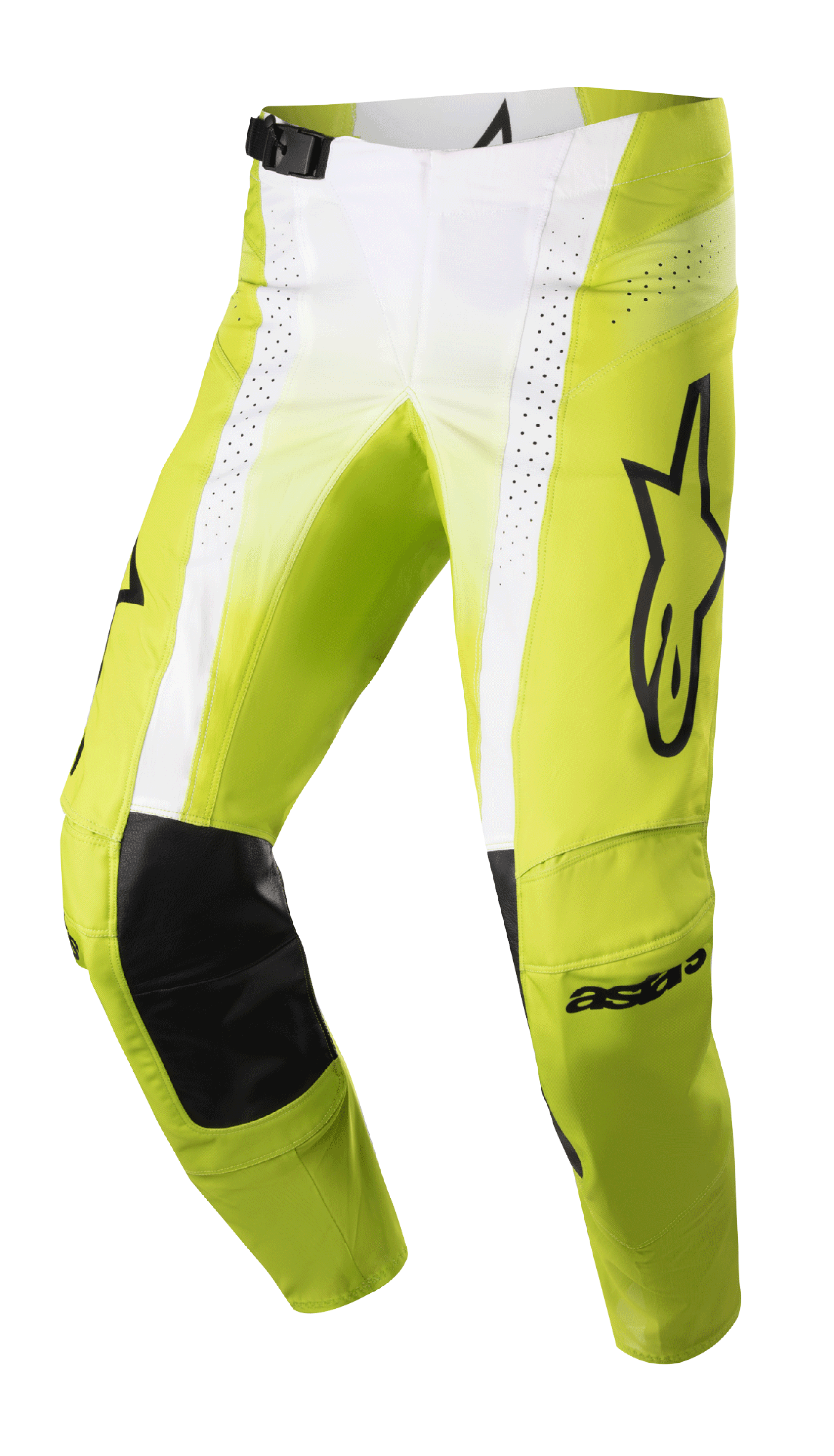 Alpinestars 2023 Techstar Push-bukser, motocross-racerbukser, neongul og hvid med sorte detaljer, med indvendige knæforstærkninger i sort læder, perforerede ventilationspaneler, stort sort logo på låret og justerbart taljespænde, højtydende offroad-udstyr