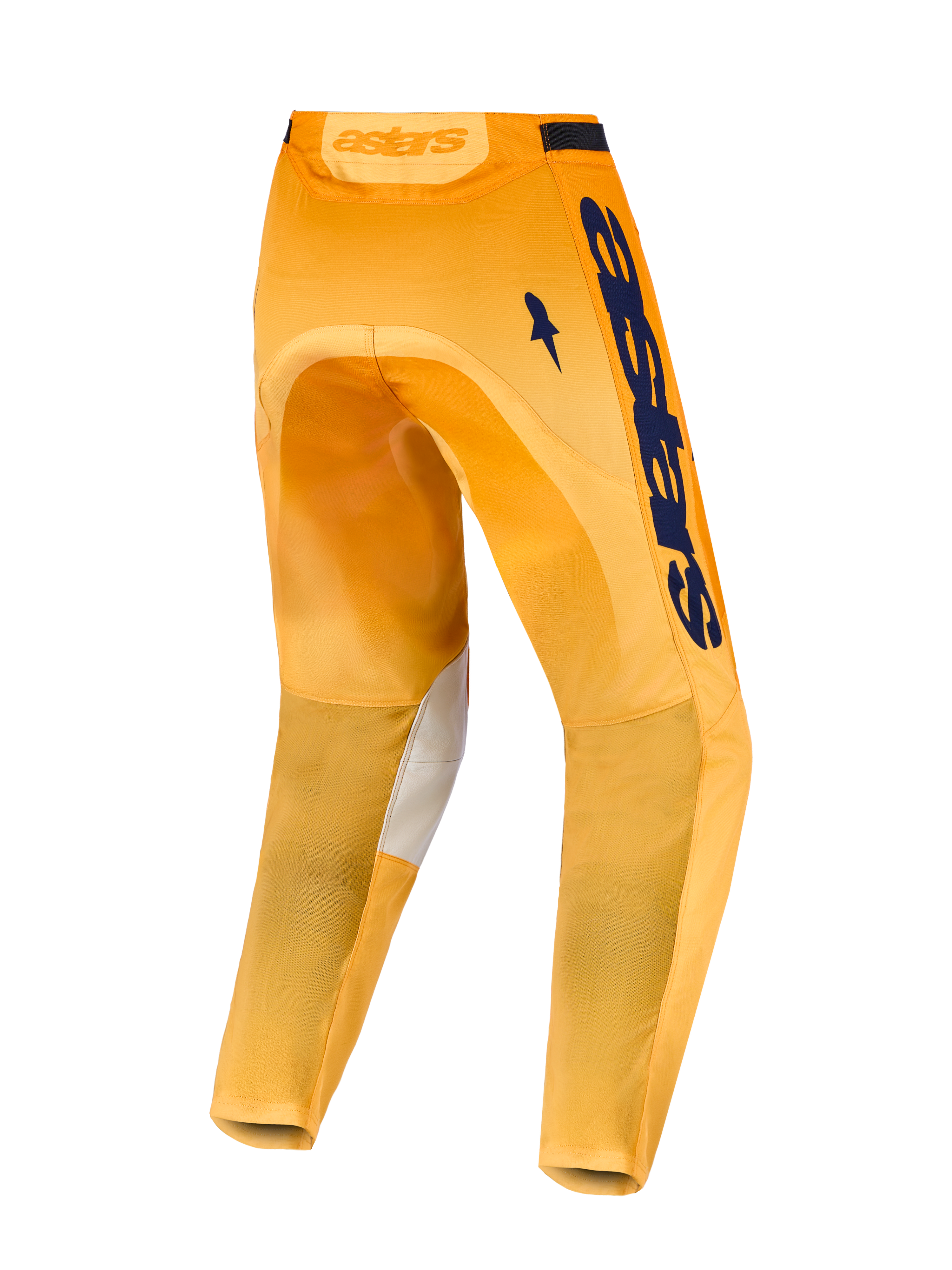Alpinestars Racer Amber bukser, orange og mørkeblå motocrossbukser set bagfra, slidstærkt polyfabric og strækpaneler