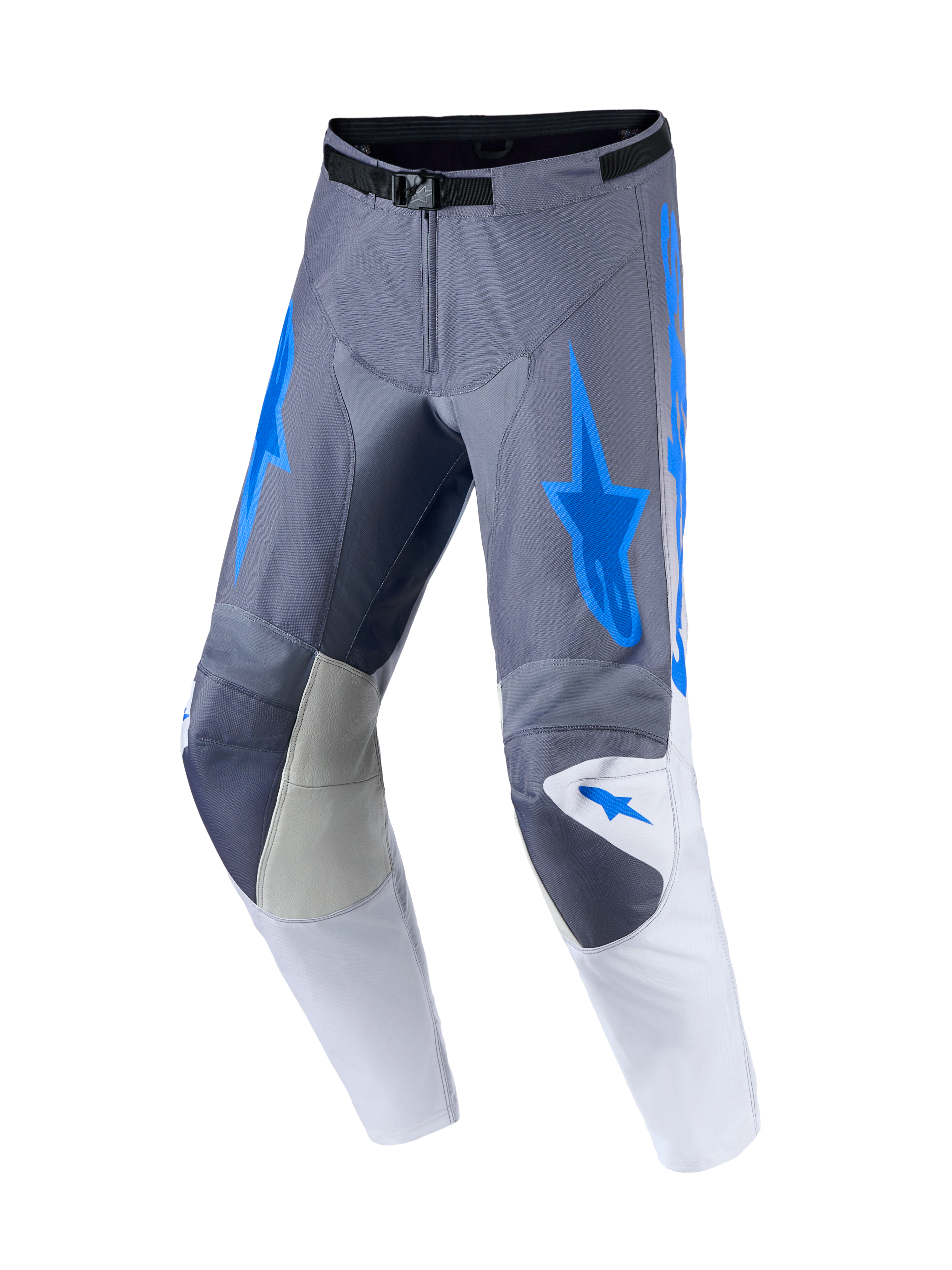 Alpinestars Racer Amber bukser og gear-sæt, grå og blå motocrossbukser med forstærkede læderknæpaneler.