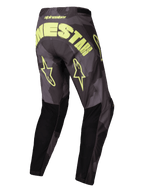 Alpinestars 2025 Racer Hollow Pants, motocross off-road pants, Dark Camo and Yellow Fluo, lightweight technical material with pre-curved construction, rear view showing large branding and star logos