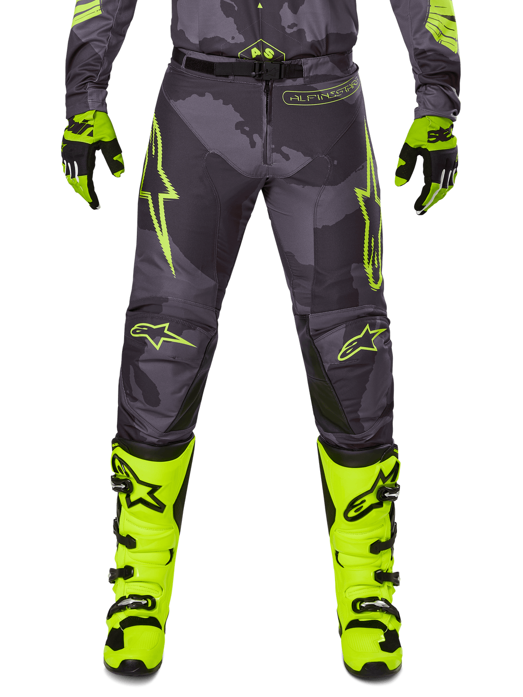 Alpinestars 2025 Racer Hollow Pants, motocross bukser, mørkegrå med neongule detaljer, neongule stjerne-logoer, sportsligt design til terrænkørsel
