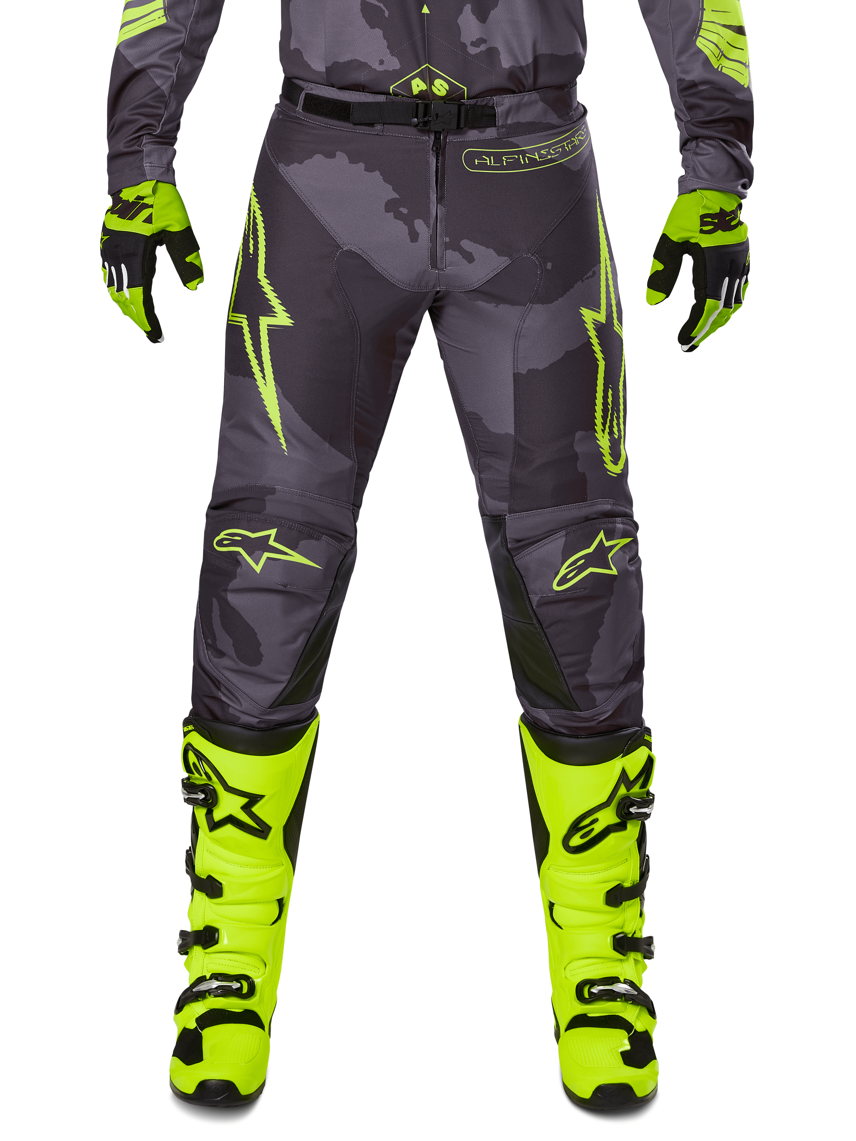 Alpinestars 2025 Racer Hollow Pants, motocross bukser, mørkegrå med neongule detaljer, neongule stjerne-logoer, sportsligt design til terrænkørsel