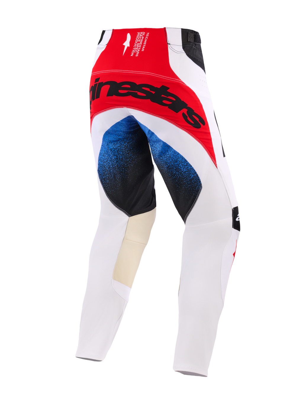 Alpinestars 2026 Techstar Knif bukser, motocross-bukser, hvid, rød og blå, set bagfra med et stort sort Alpinestars-logo på et rødt sædepanel, blå gradientdetaljer på lårene, sandfarvede læderpaneler på indersiden af knæene, atletisk racerpasform