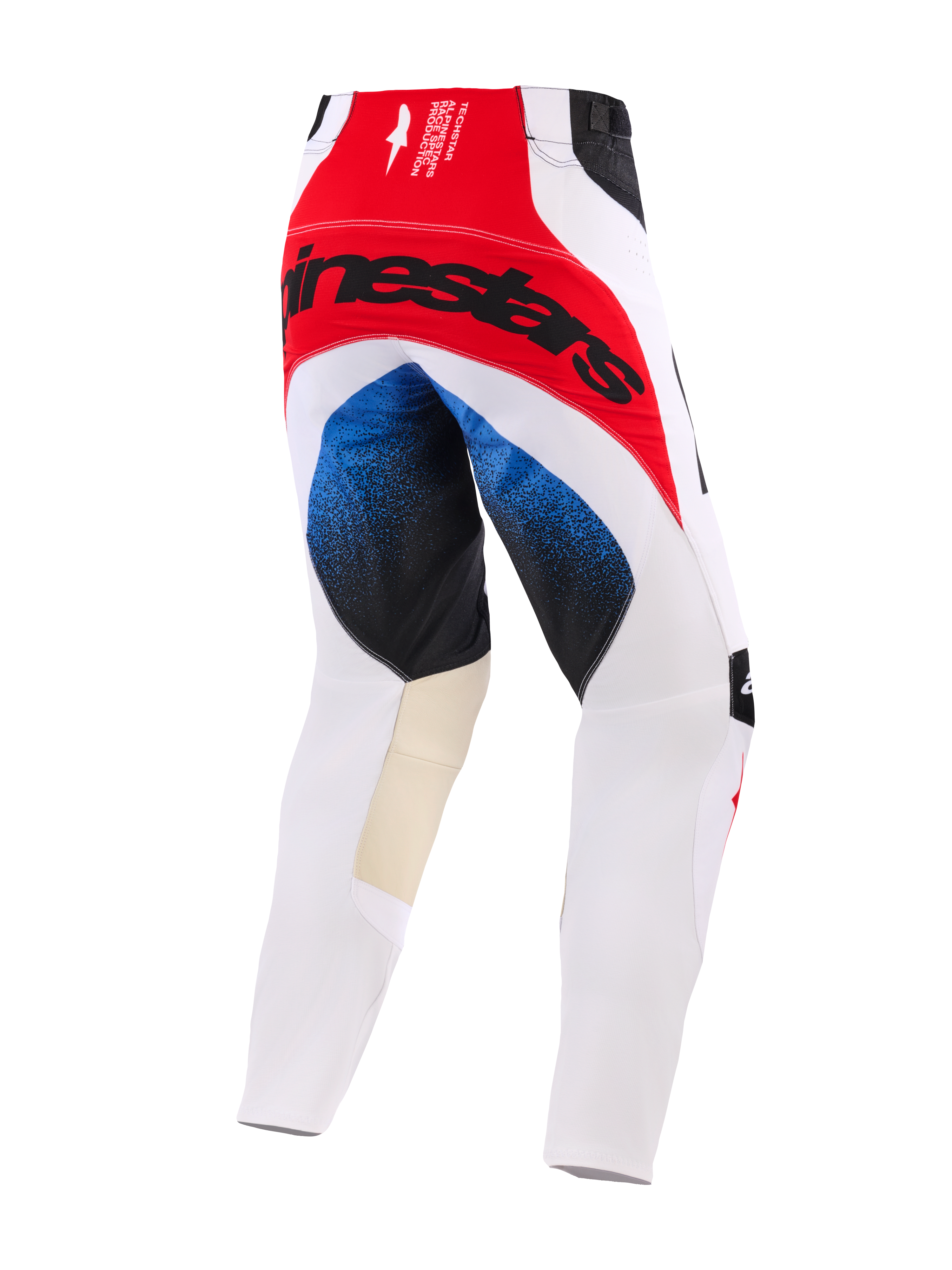 Alpinestars 2026 Techstar Knif bukser, motocross-bukser, hvid, rød og blå, set bagfra med et stort sort Alpinestars-logo på et rødt sædepanel, blå gradientdetaljer på lårene, sandfarvede læderpaneler på indersiden af knæene, atletisk racerpasform