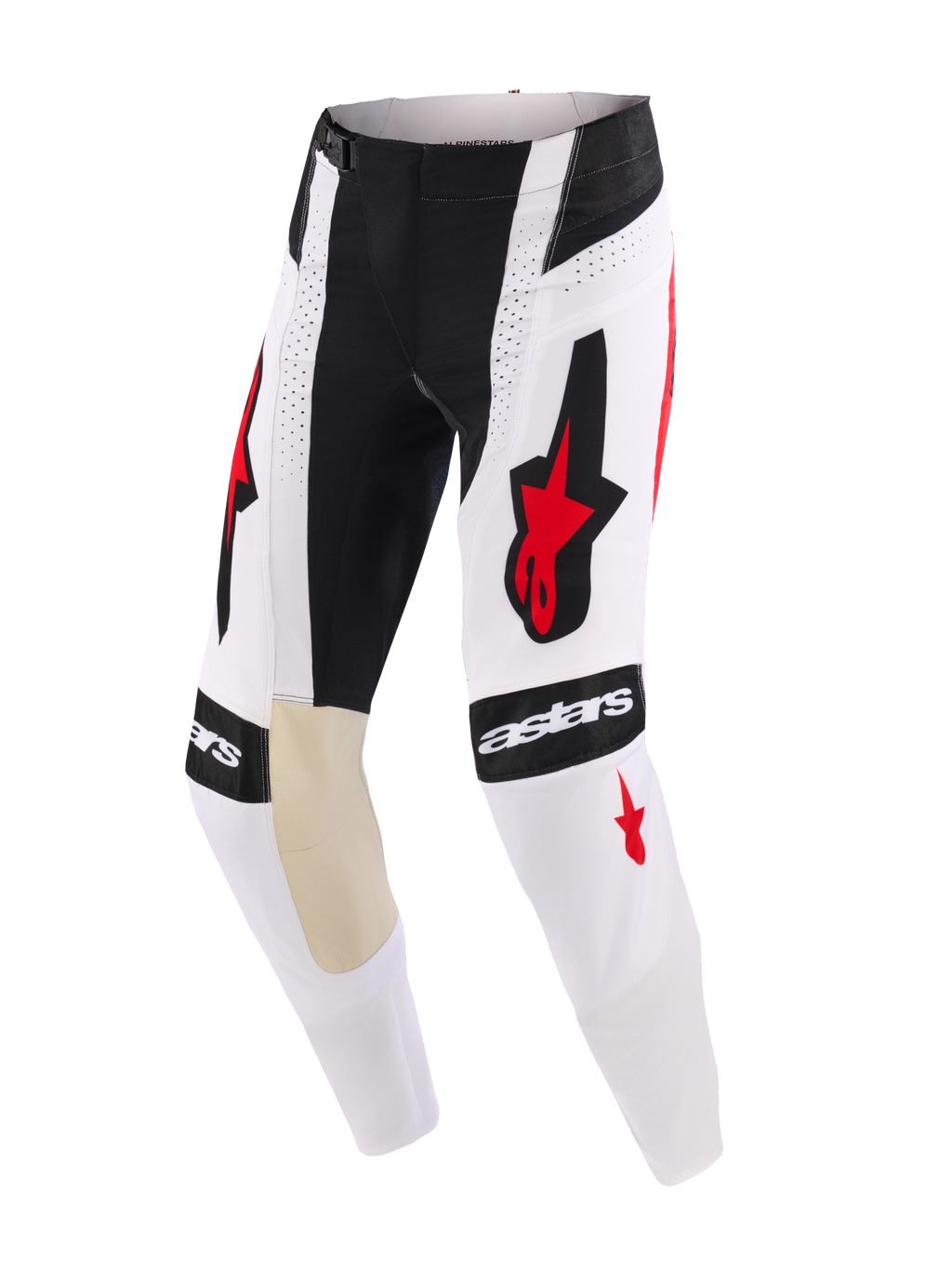 Alpinestars 2026 Techstar Knif bukser, motocross-bukser, hvid, sort og rød, med markante Alpinestars-logoer på lår og knæ, indvendige knæpaneler i lyst gedelæder, perforerede detaljer for luftgennemstrømning, slidstærkt racerdesign til off-road konkurrence