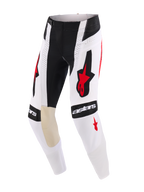 Alpinestars 2026 Techstar Knif bukser, motocross-bukser, hvid, sort og rød, med markante Alpinestars-logoer på lår og knæ, indvendige knæpaneler i lyst gedelæder, perforerede detaljer for luftgennemstrømning, slidstærkt racerdesign til off-road konkurrence