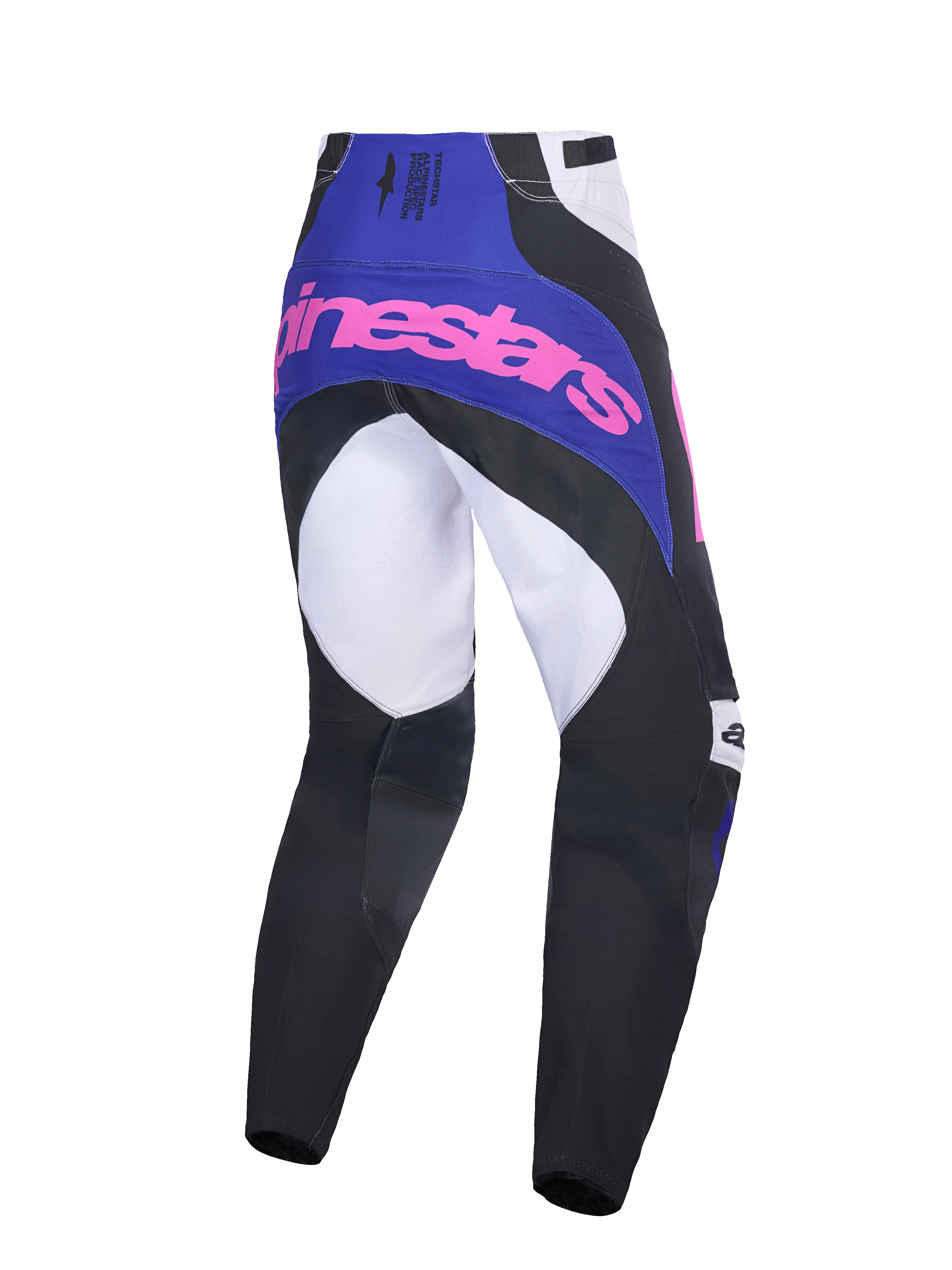 Alpinestars 2026 Techstar Knif bukser, motocross-bukser, sort, lysegrå og lilla med pink branding, set bagfra, viser multi-panel konstruktion, lilla bærestykke med pink logo og forstærket sædeområde til off-road racing