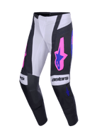 Alpinestars 2026 Techstar Knif bukser, motocross-bukser, sort og lysegrå med lilla og lyserøde detaljer, 'astars'-branding på knæene, stjernelogoer på lårene, ergonomisk racingsnit til terrænkørsel