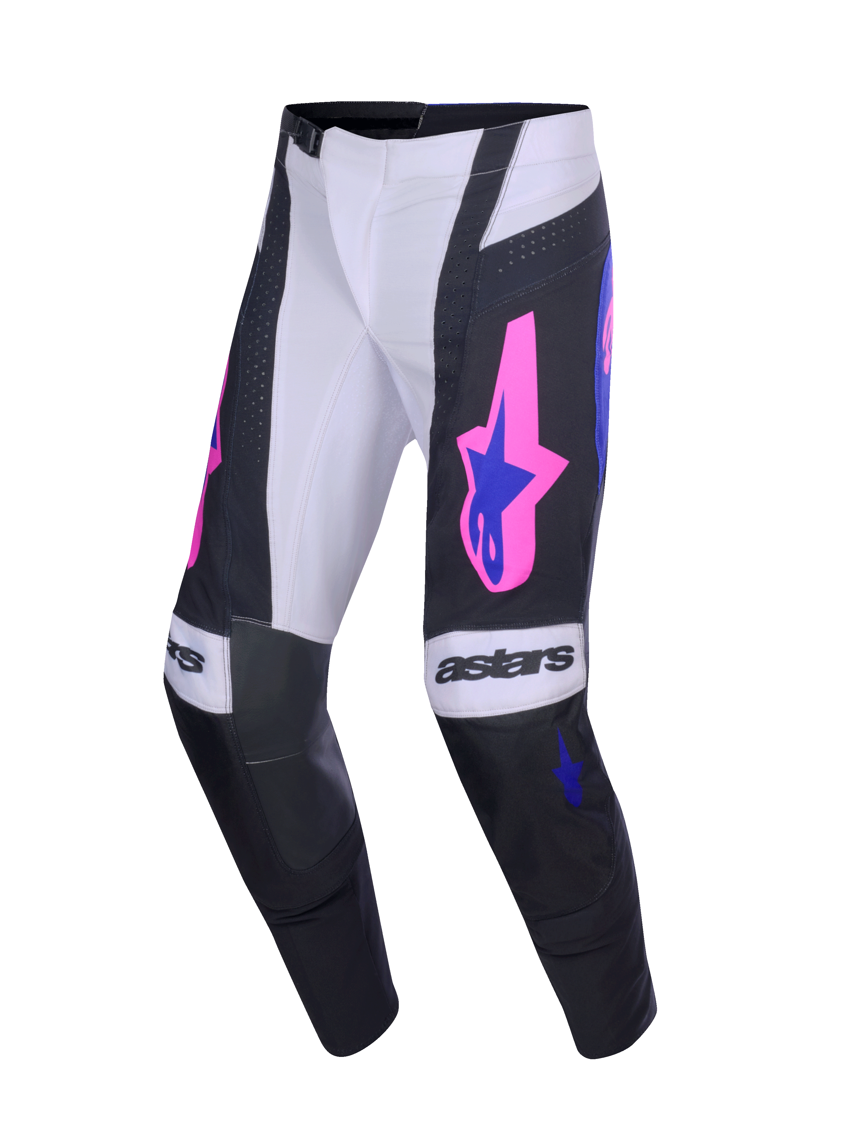 Alpinestars 2026 Techstar Knif bukser, motocross-bukser, sort og lysegrå med lilla og lyserøde detaljer, 'astars'-branding på knæene, stjernelogoer på lårene, ergonomisk racingsnit til terrænkørsel