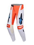 Alpinestars 2026 Techstar Knif bukser, motocross-bukser, lysegrå og neonorange med blå og sorte detaljer, med blå Astars-logoer, perforerede paneler til ventilation og et sikkert magnetisk taljespænde, professionelt off-road racerudstyr