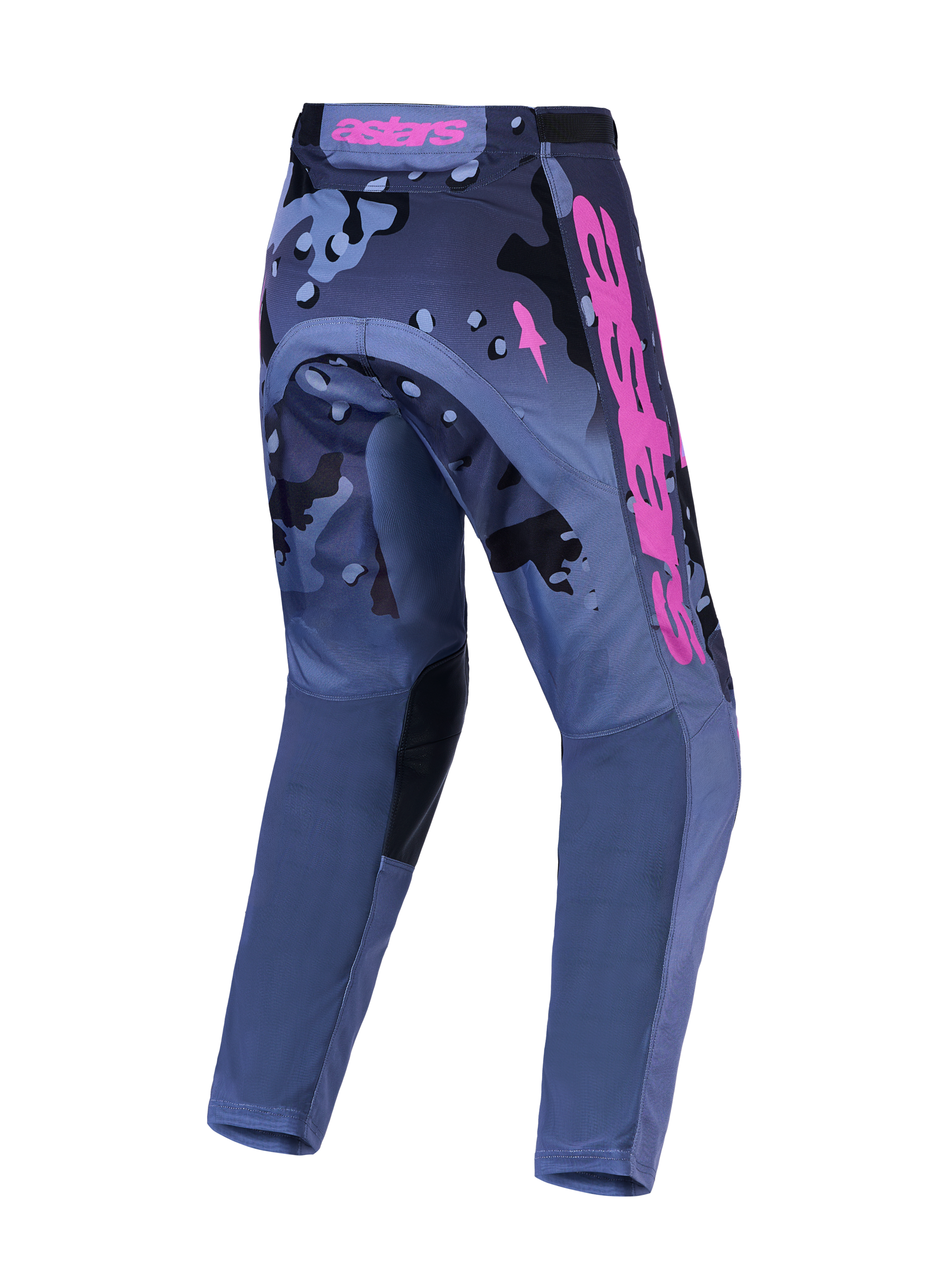 Alpinestars Racer Lone bukser og gear-sæt, herre-motocrossbukser, grå camo og lilla, slidstærkt polyfabric, set bagfra.