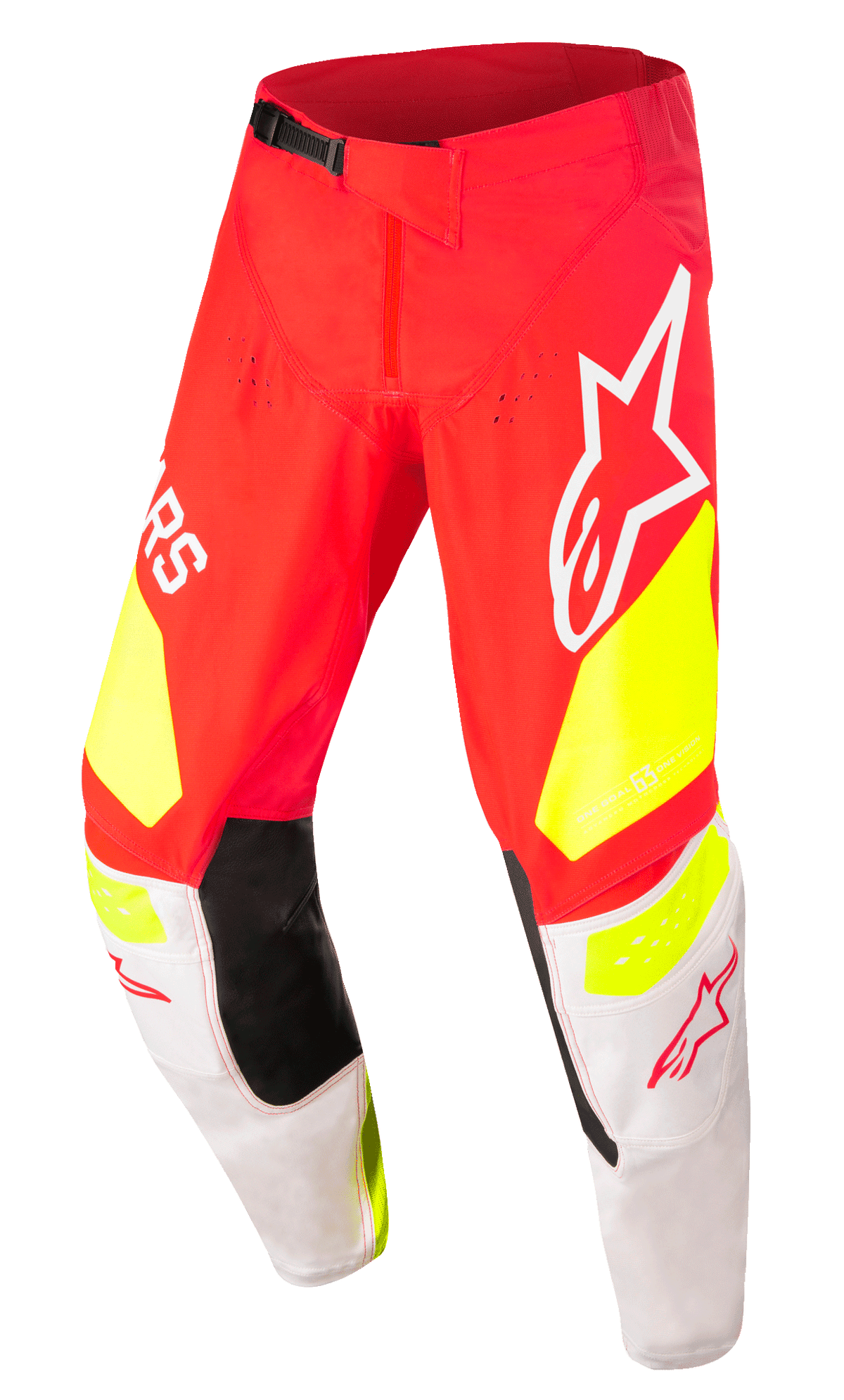 Alpinestars Techstar Factory Pants, Motocross Racing Pants, Red with Fluo Yellow and White accents, featuring black inner knee panels, large Alpinestars logos, perforated ventilation holes, and a black adjustable waist buckle.