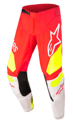 Alpinestars Techstar Factory bukser, motocross racerbukser, rød med fluorescerende gule og hvide detaljer, sorte indvendige knæpaneler, store Alpinestars-logoer, perforerede ventilationshuller og sort justerbart taljespænde.